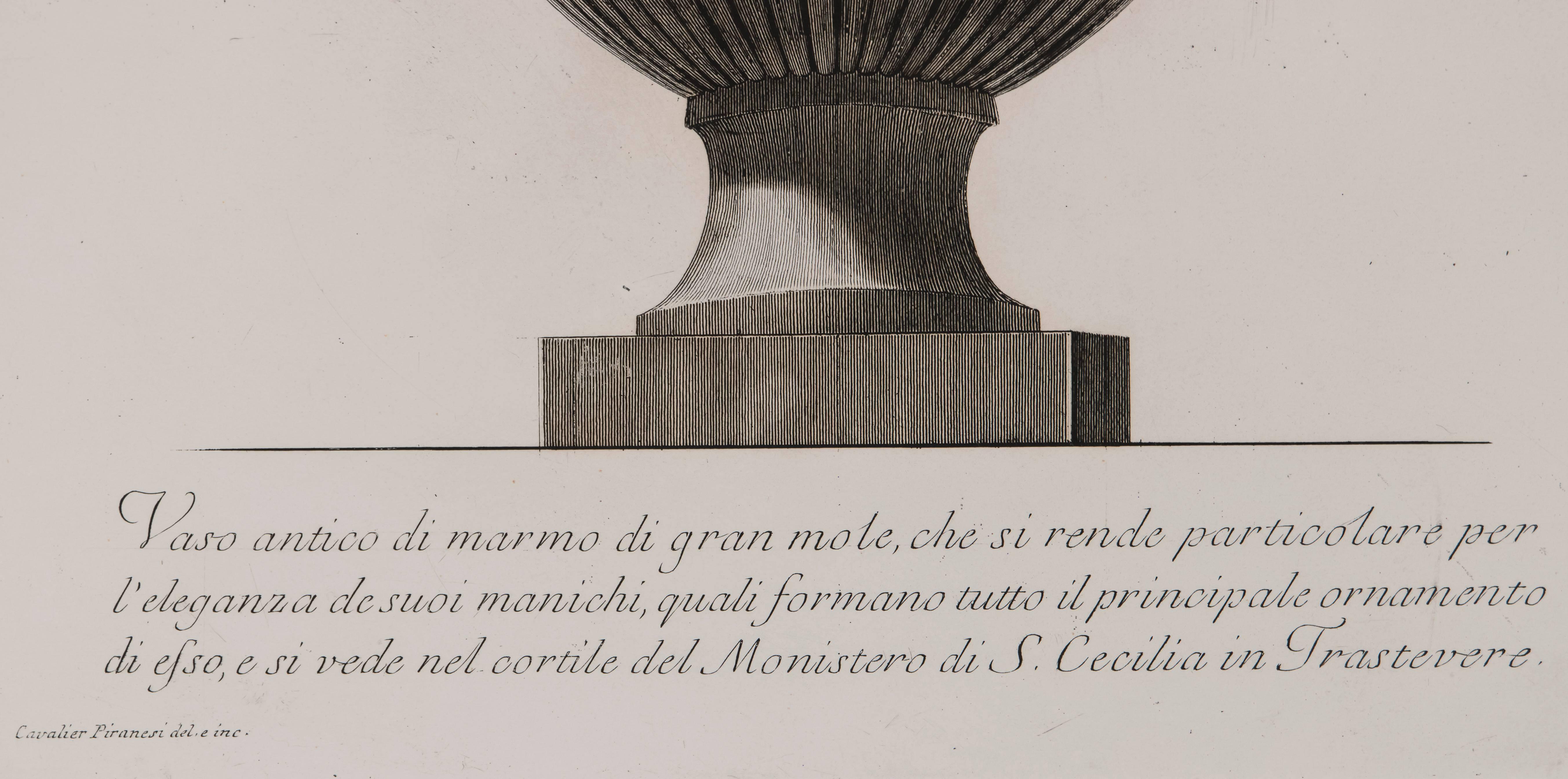 Beautifully framed Piranesi vase that will look beautiful in any room. Engraving of the marble vase in the courtyard of the Saint Cecilia Monastery in Trastevere, Italy, by Giovanni Battista Piranesi (1720-1778), the greatest engraver of ancient