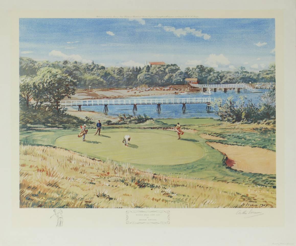 Lithographie von Arthur Weaver mit dem Titel „Wood Hole:: Cape Cod“. Signiert auf der Platte und mit Bleistift des Künstlers unten rechts; unten links am linken unteren Rand mit einer Zeichnung des Webers:: der einen Golfer beim Abschlag