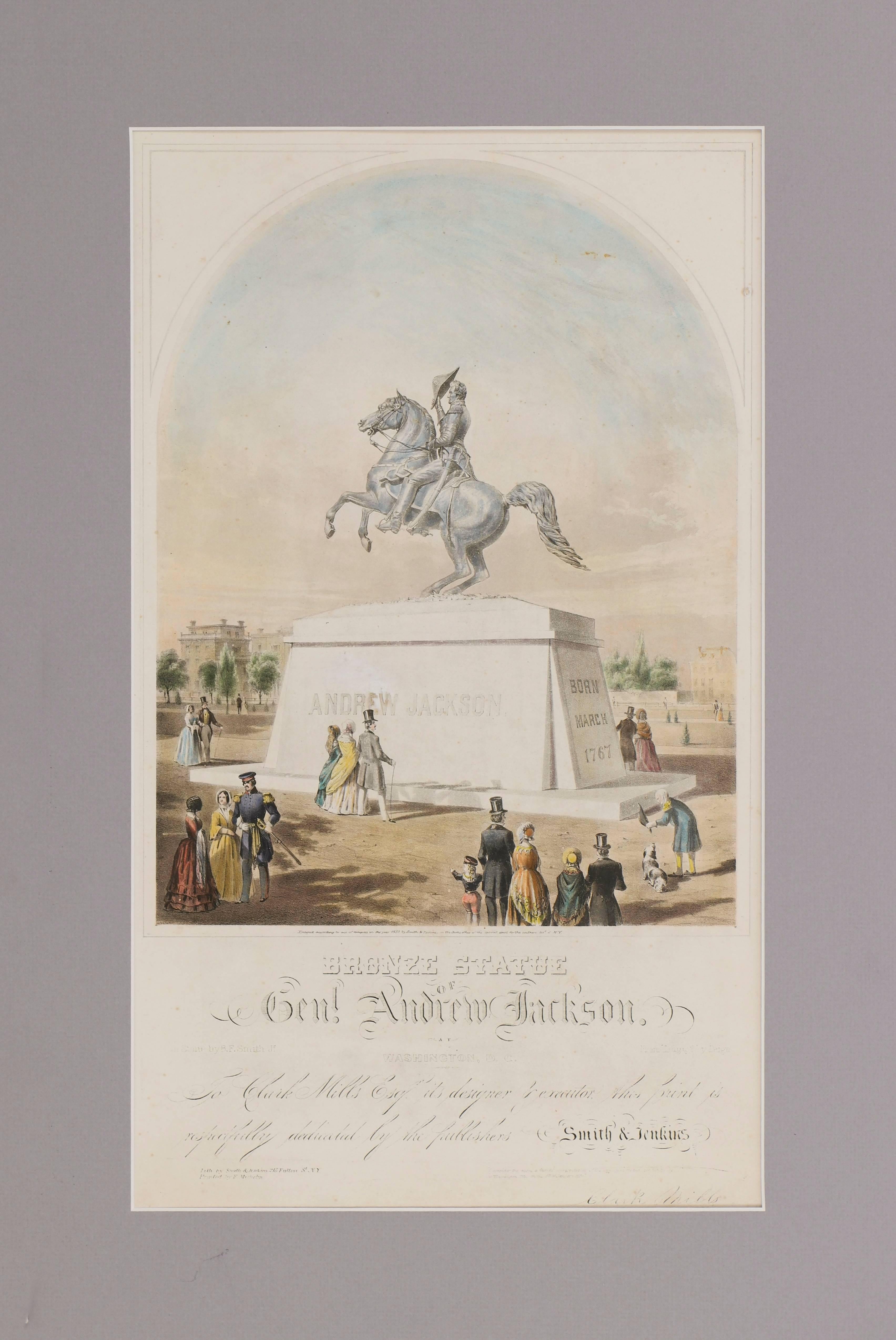 Clark Mills Figurative Print - 1853 Lithograph of Bronze Statue of General Andrew Jackson