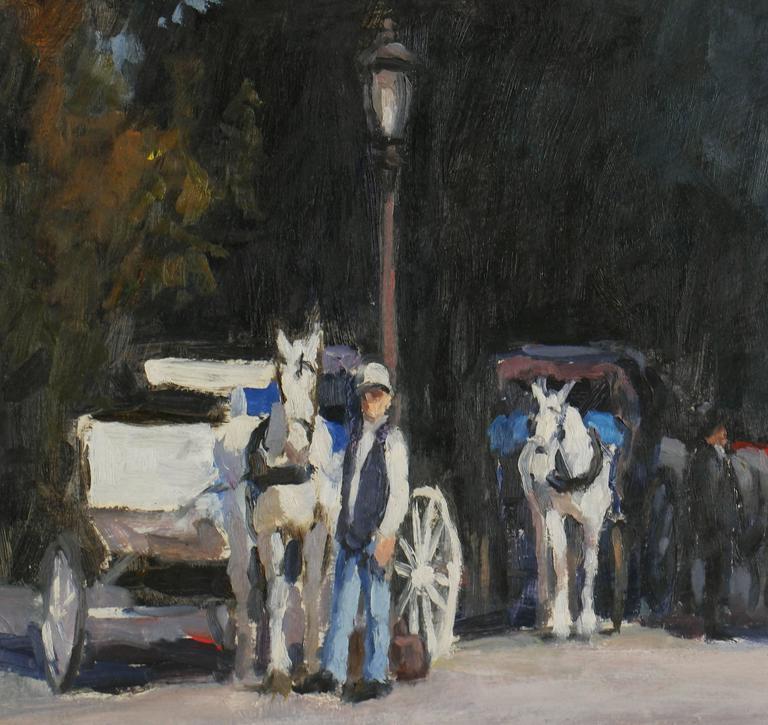 Horse-Drawn Carriages and Drivers, Central Park, New York City - Painting by Robert Leber