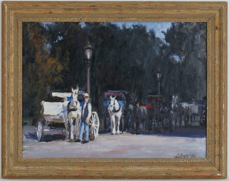 Robert Leber Landscape Painting - Horse-Drawn Carriages and Drivers, Central Park, New York City