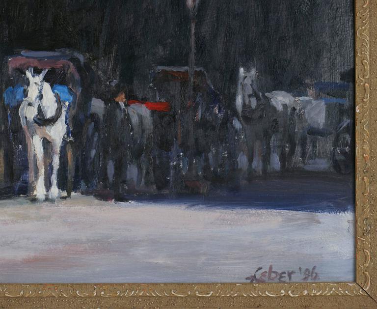Horse-Drawn Carriages and Drivers, Central Park, New York City - Impressionist Painting by Robert Leber