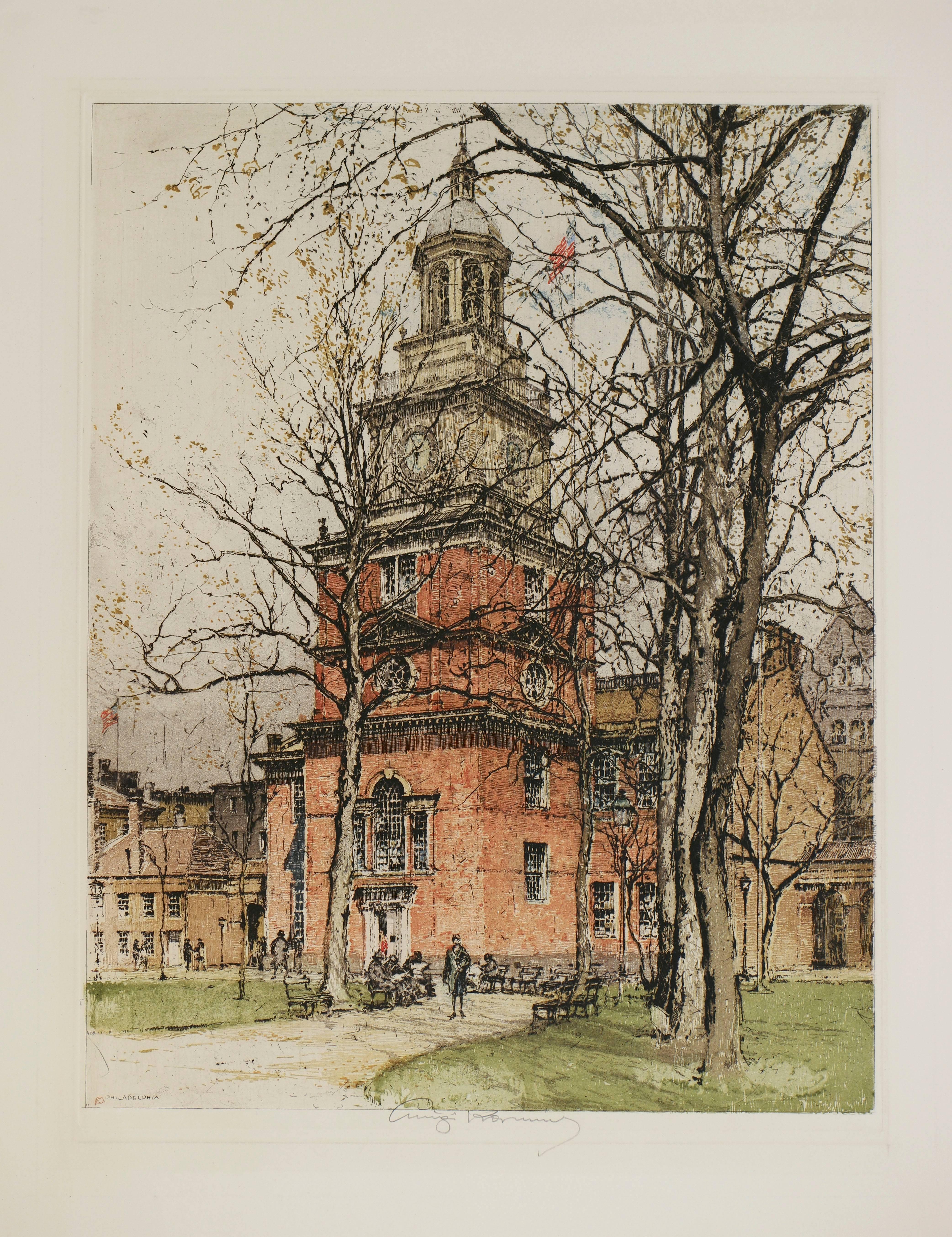 Luigi Kasimir Landscape Print - Philadelphia, Independence Hall