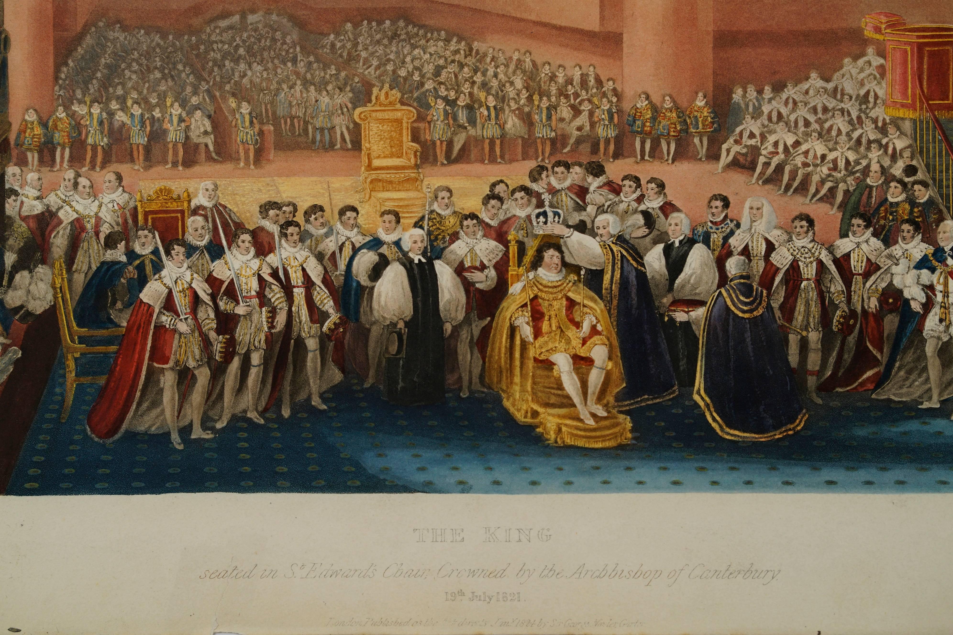 King George IV Seated in St. Edward's Chair Crowned by Archbishop of Canterbury - Print by James Stephanoff