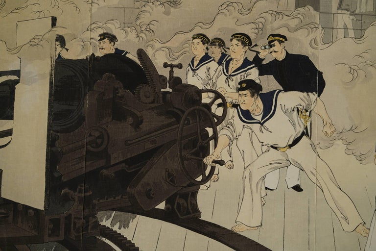 Mizuno Toshikata Un navire de guerre japonais ouvre le feu près de l