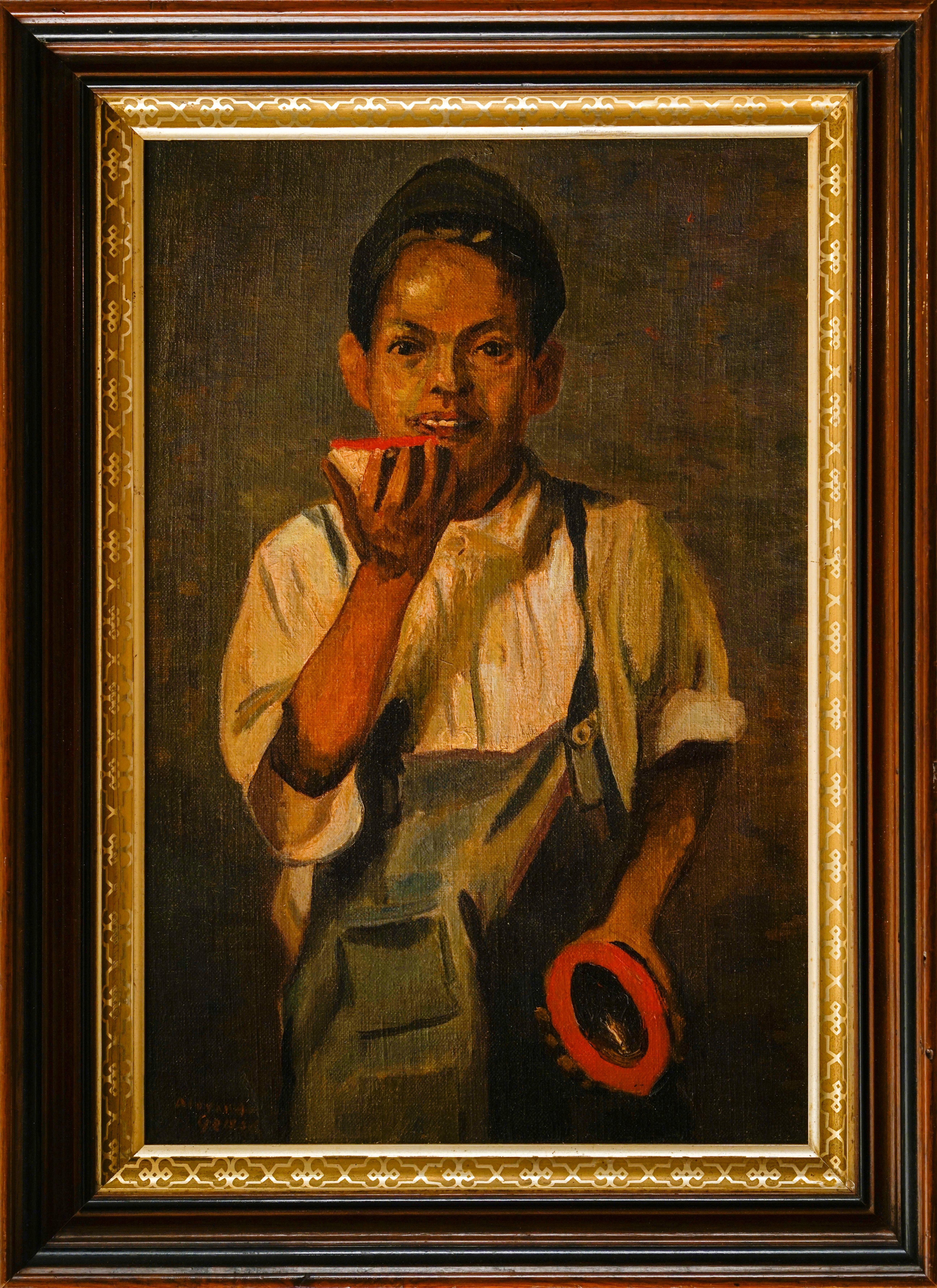 Portrait of Boy With Fruit - Painting by Alexander Geiss