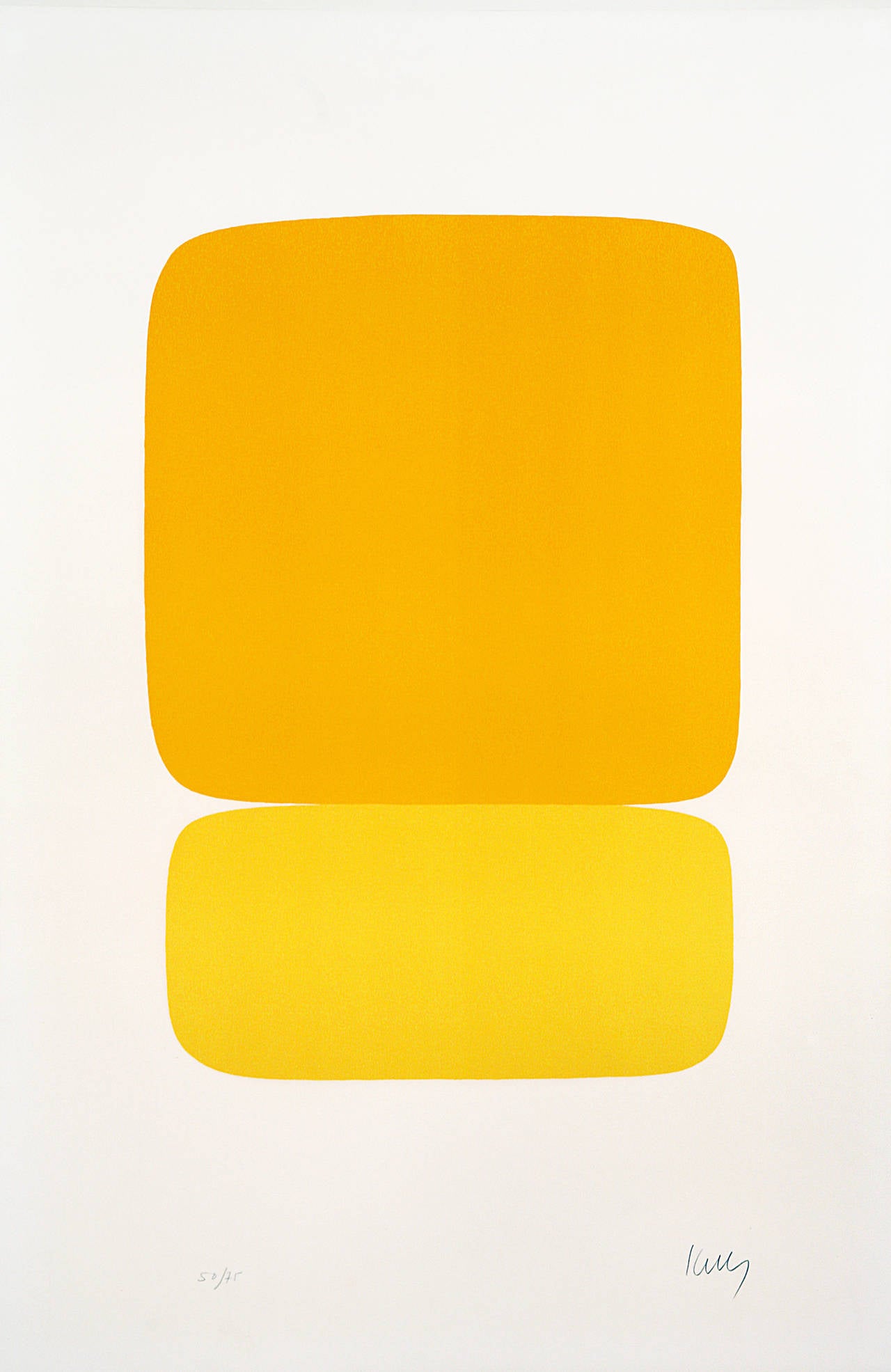 Lithograph "Jaune sur Jaune" (Yellow over Yellow) 1964-1965, by Ellsworth Kelly, hand signed and numbered on left (50/75). Printed by Maeght, Levalliois-Perret; publisher Maeght Editeur, Paris. 
References:  Richard H. Axsom, "The Prints of