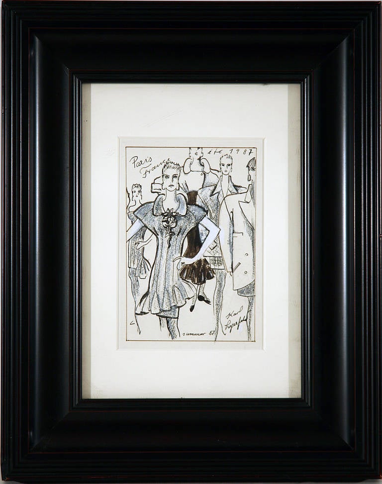 Original pen and ink drawing from Karl Lagerfeld's sketchbook. Signed and dated "Summer, 1987, Paris, France." Displayed with an off-white mat, museum glass, and 2.5" dark cherrywood frame. Image, 7 x 5 inches.