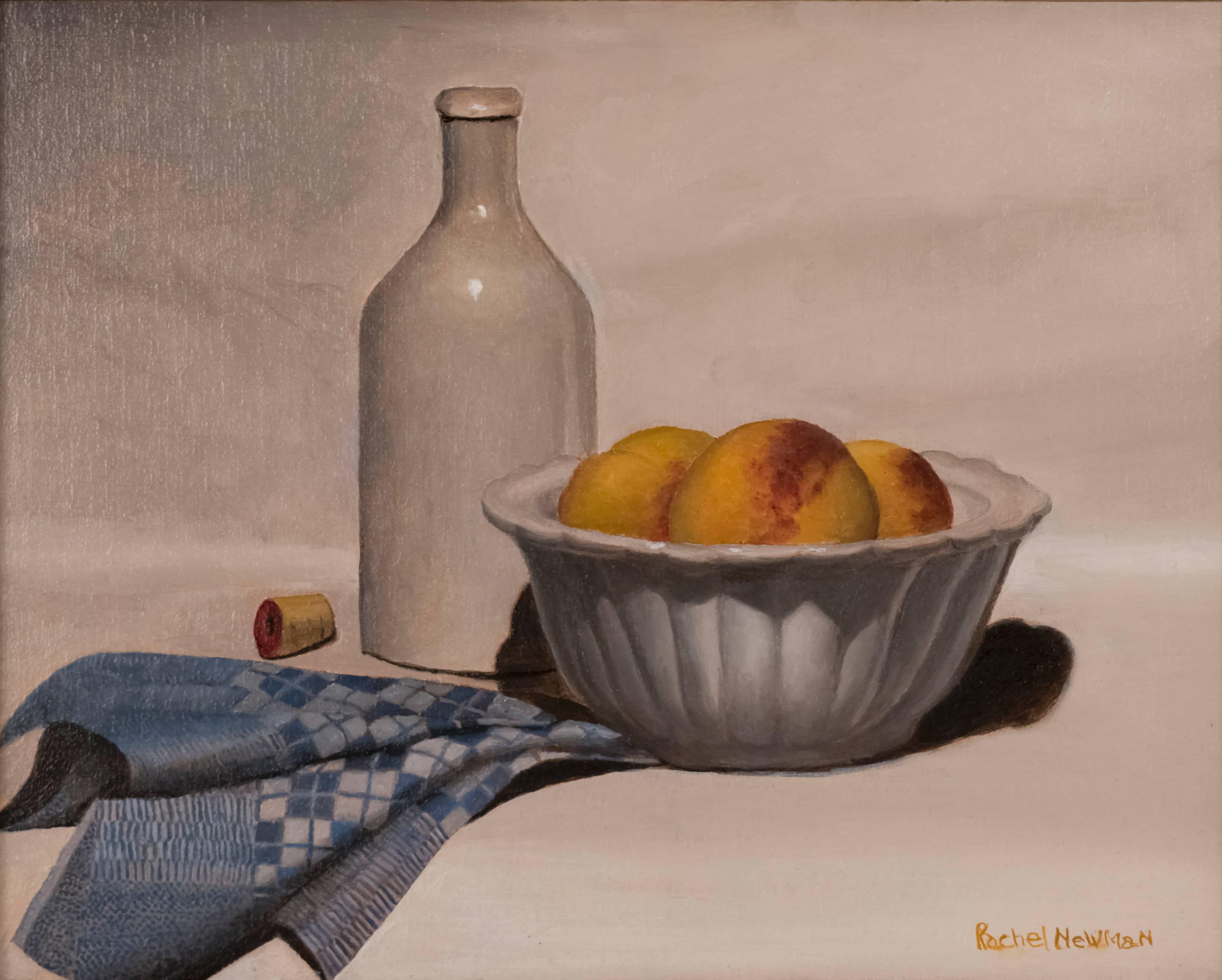 Still Life with Peaches in Ironstone Bowl - Painting by Rachel Newman