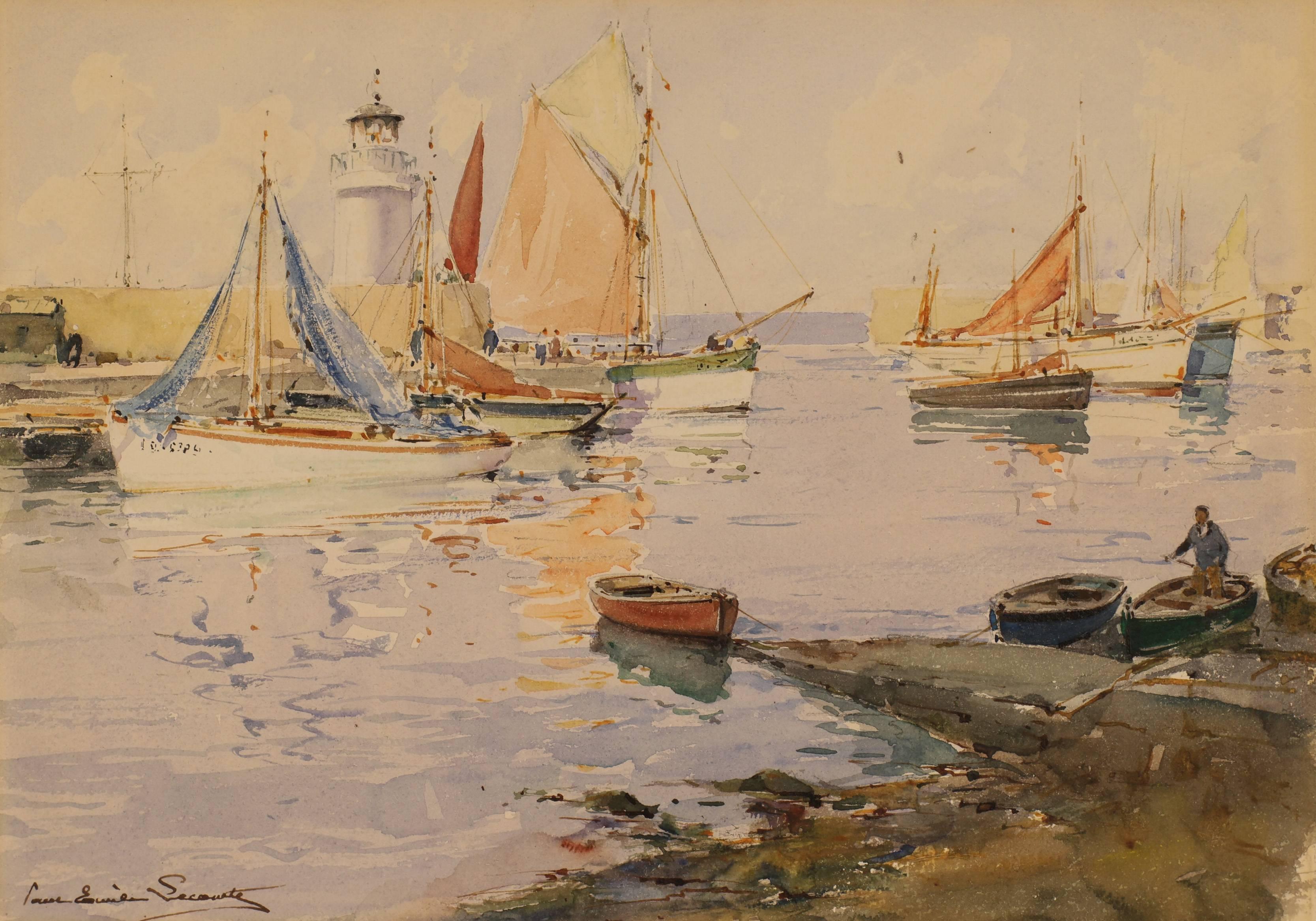French Harbor with Sailboats and Lighthouse  - Painting by Paul Emile Lecomte
