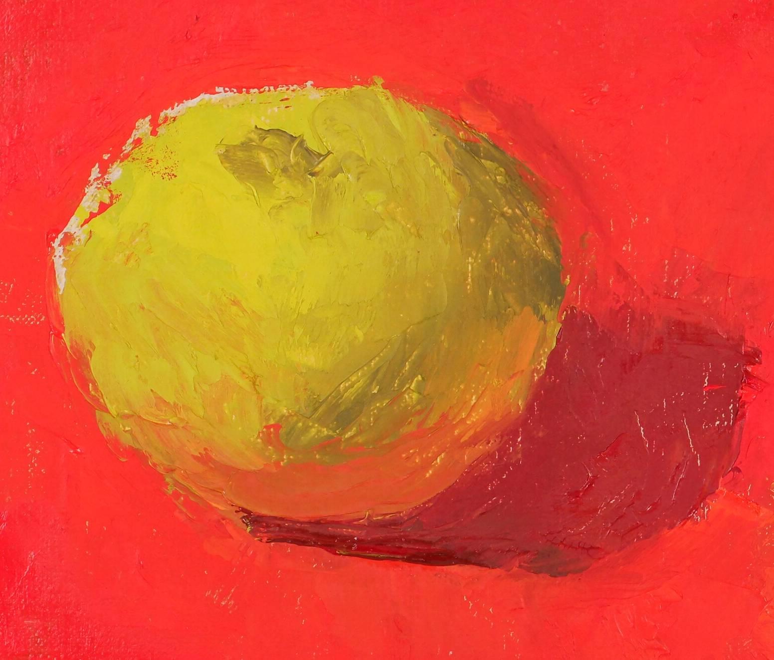 Apples on a Red Background - Painting by Rachel Newman