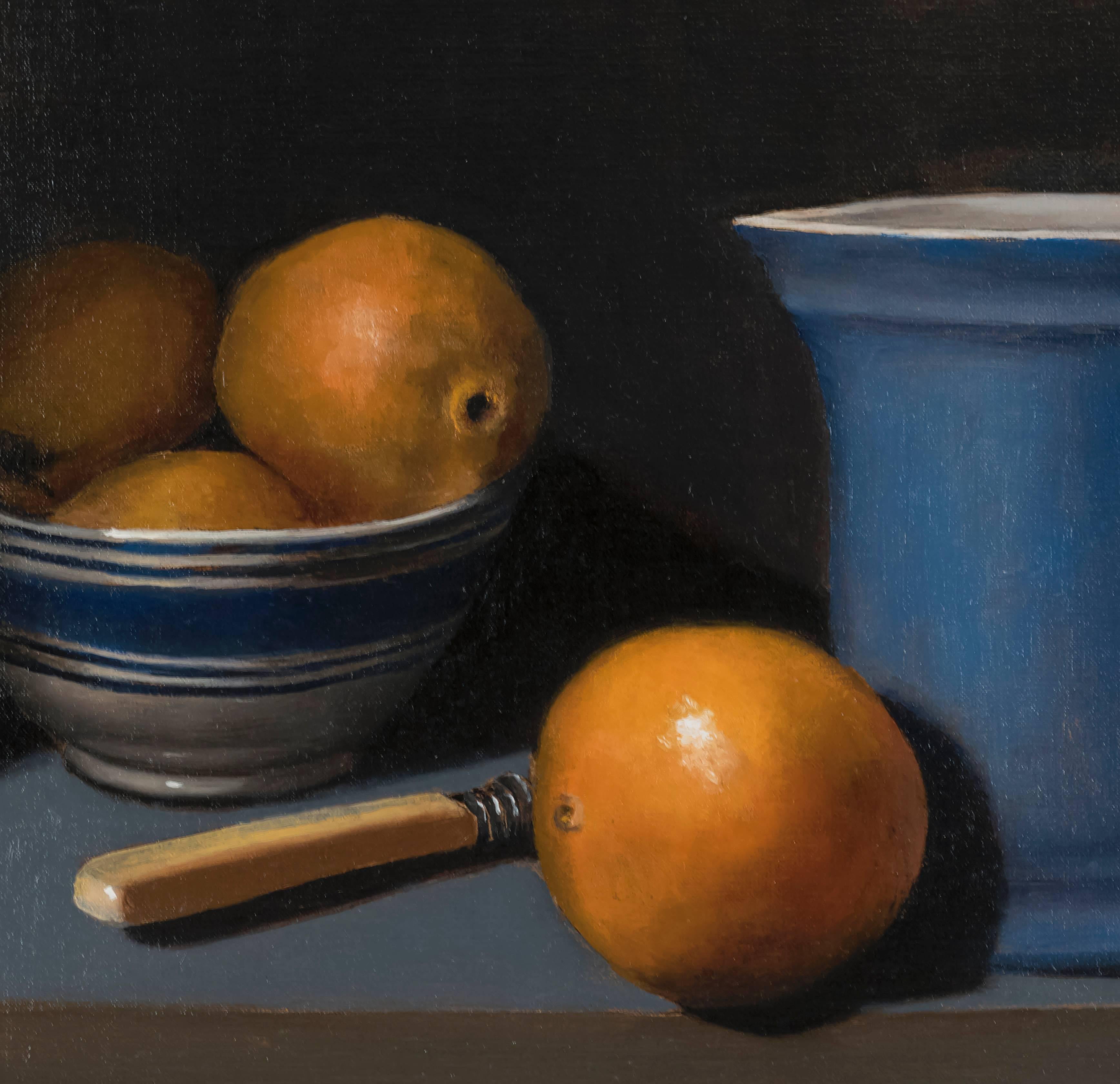 Blue Pitcher with Oranges - Painting by Rachel Newman