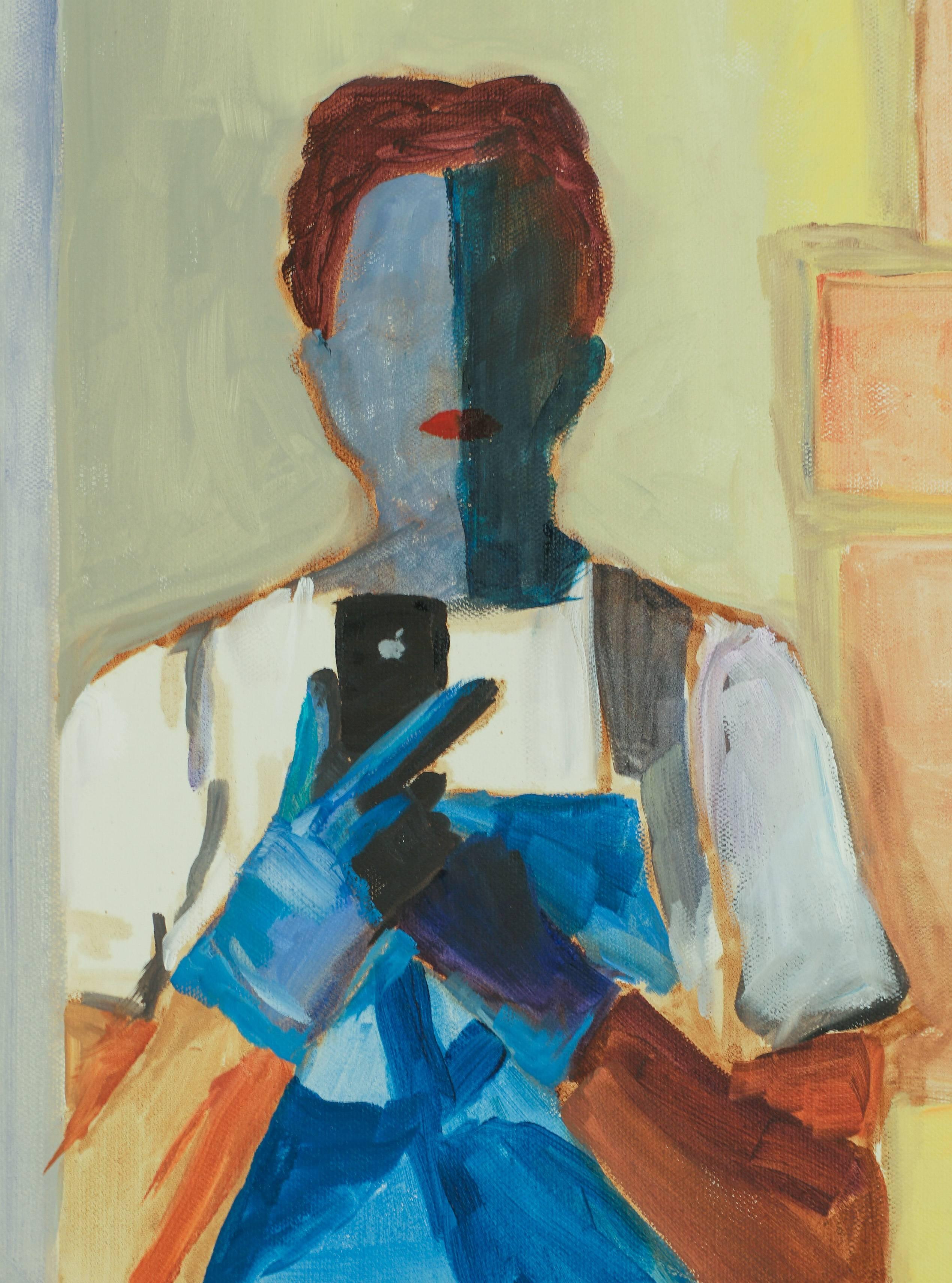 Portrait of the Artist with Cellphone - Painting by Rachel Newman