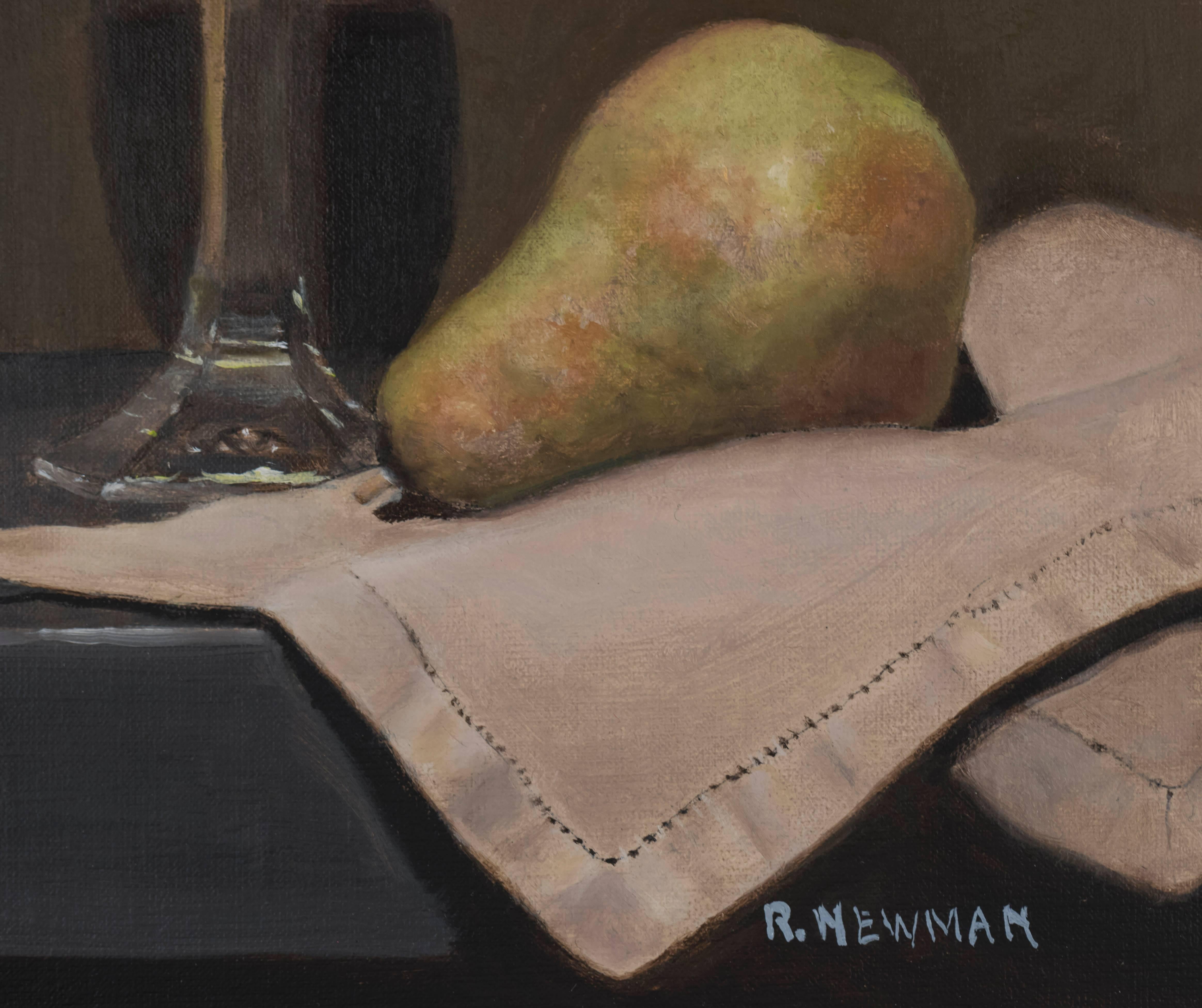 Pear and Madeira Wine - Realist Painting by Rachel Newman