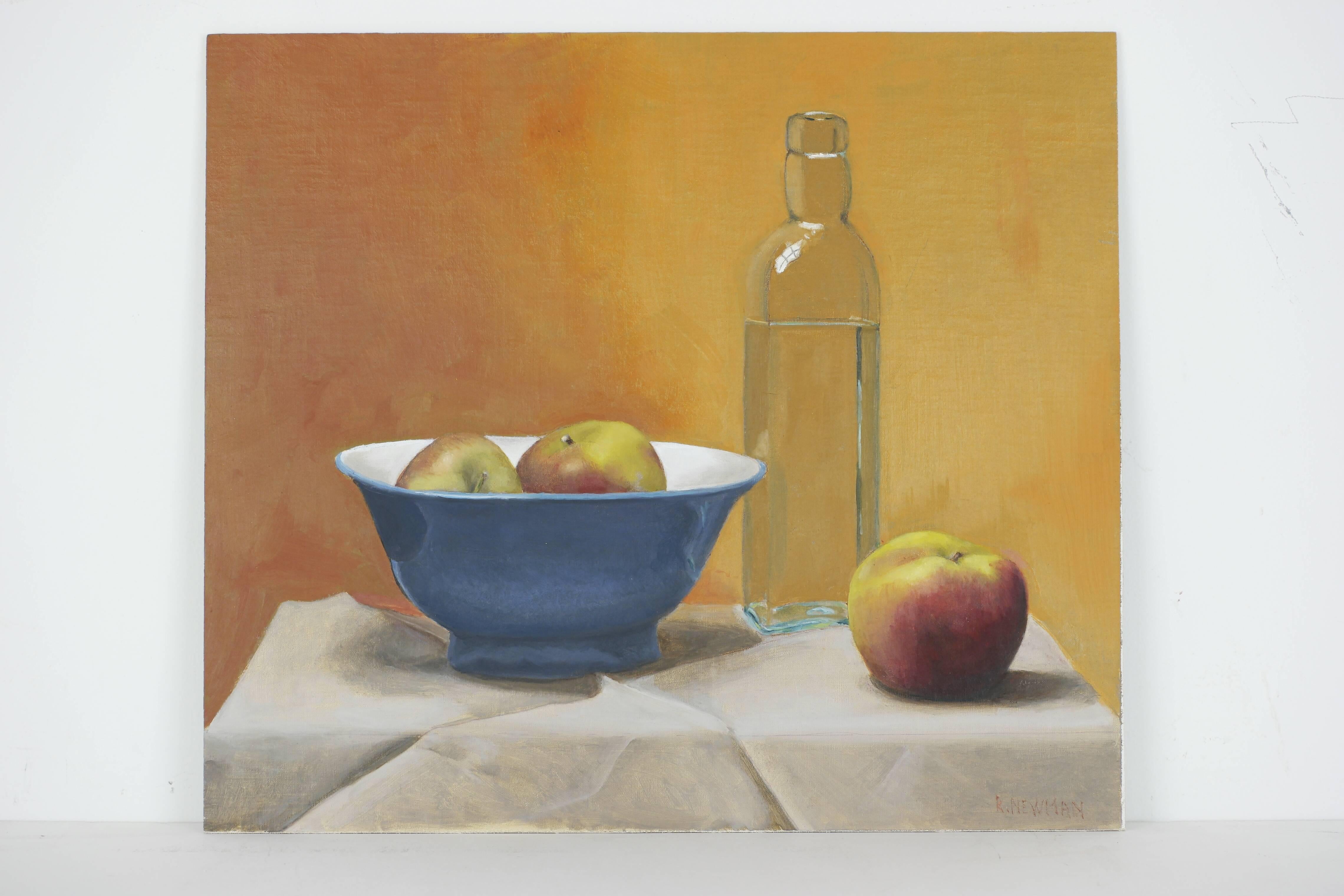 Still Life with Bottle, Blue Bowl and Apples - Painting by Rachel Newman