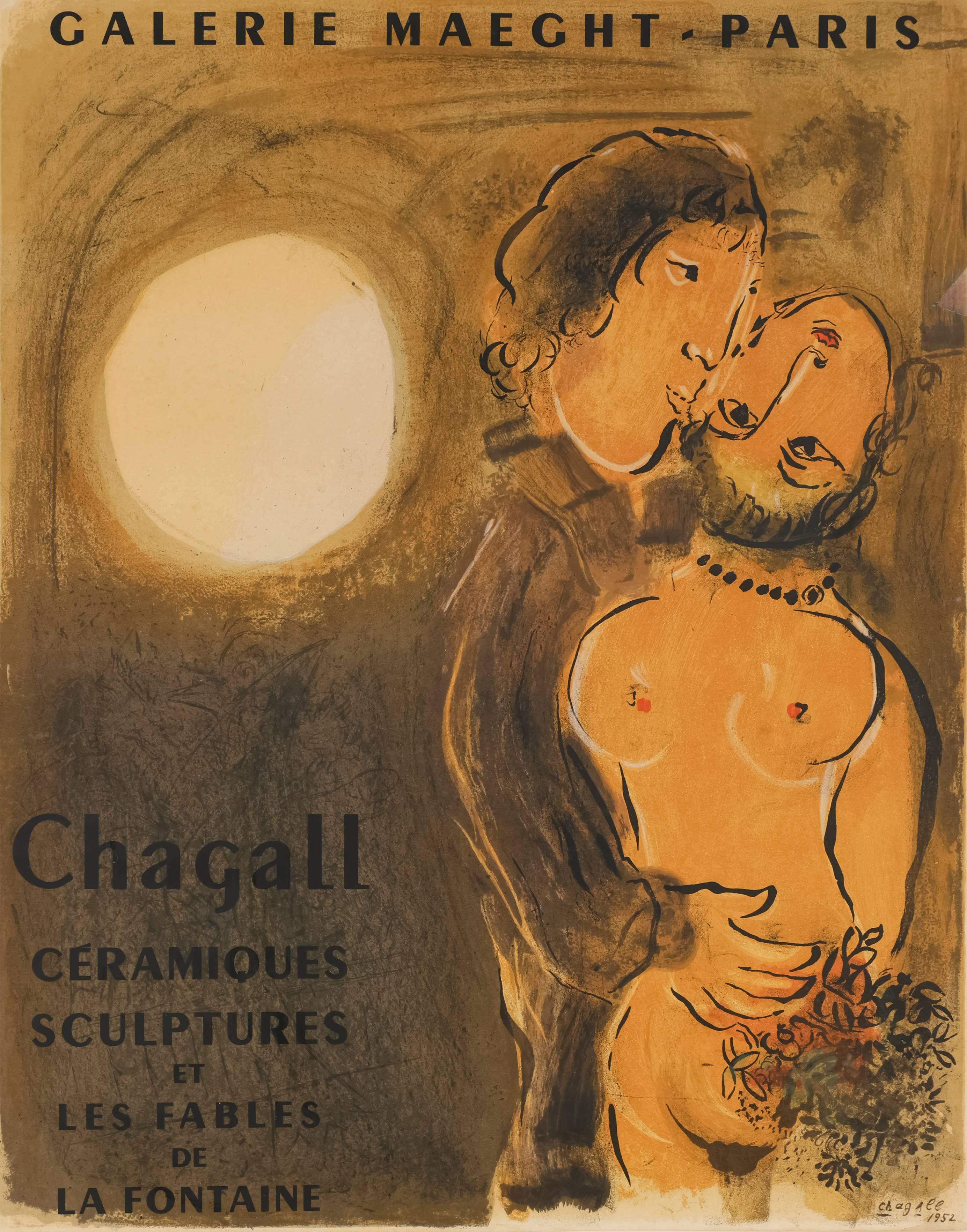 Galerie Maeght (Couple en Ocre), 1952, Lithographieplakat – Print von Marc Chagall