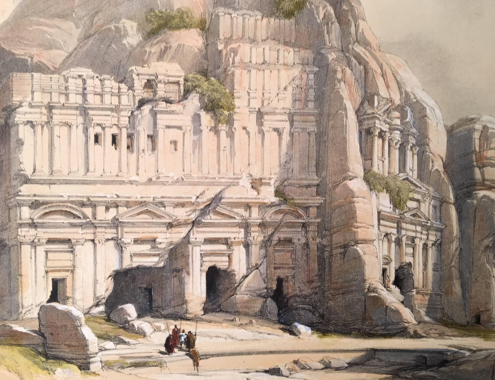 Original hand-colored lithograph by David Roberts (1796 – 1864) published by F.G. Moon, 1842. 
Petra is a historical and archaeological city in southern Jordan, established in 312 BC. It is famous for its rock-cut architecture and water conduit