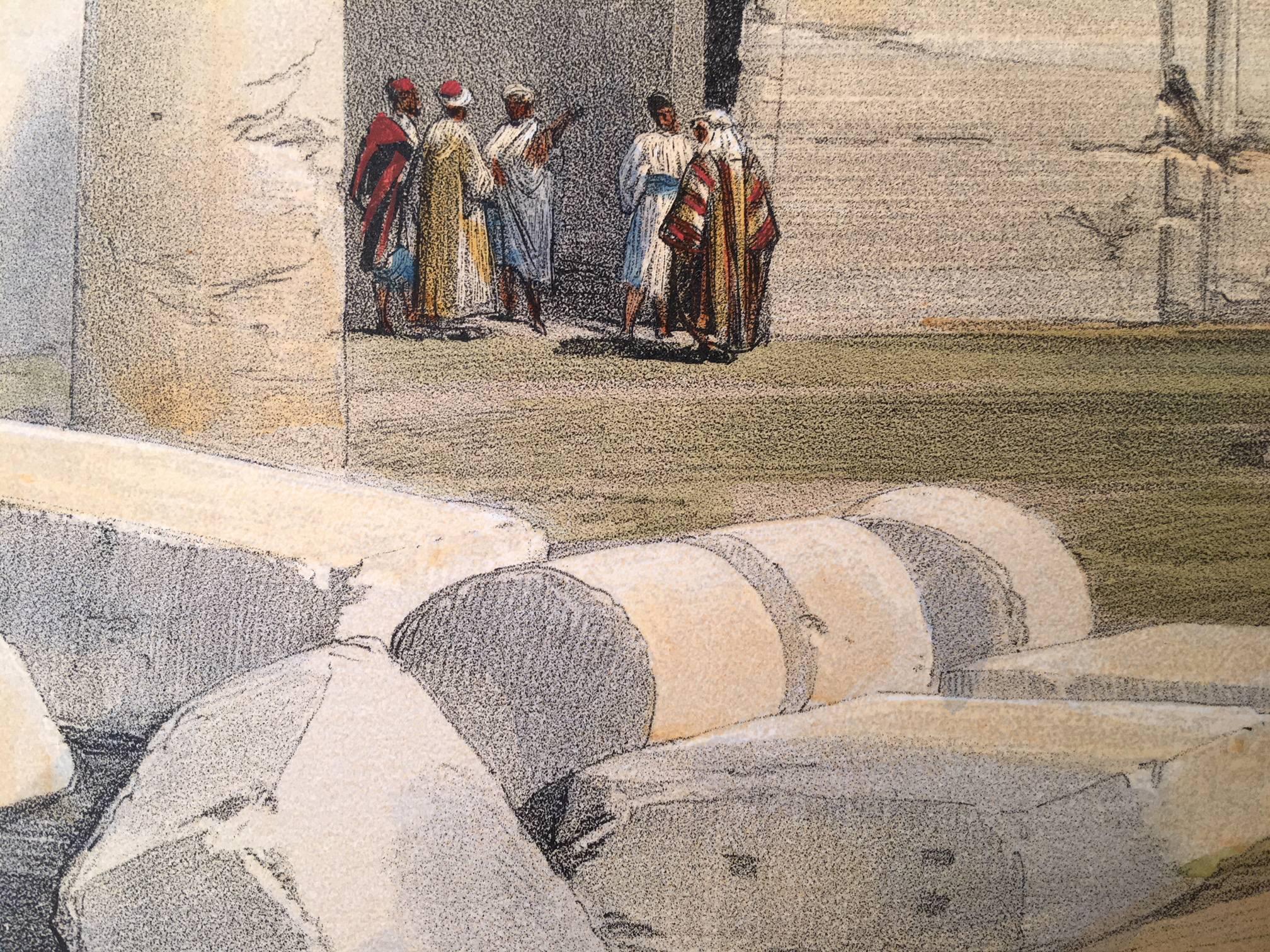 Original hand-colored lithograph by David Roberts (1796 – 1864) published by F.G. Moon, 1847. The Temple of Kalabsha (also Temple of Mandulis) is an Ancient Egyptian originally located at Bab al-Kalabsha (Gate of Kalabsha), approximately 50 km south