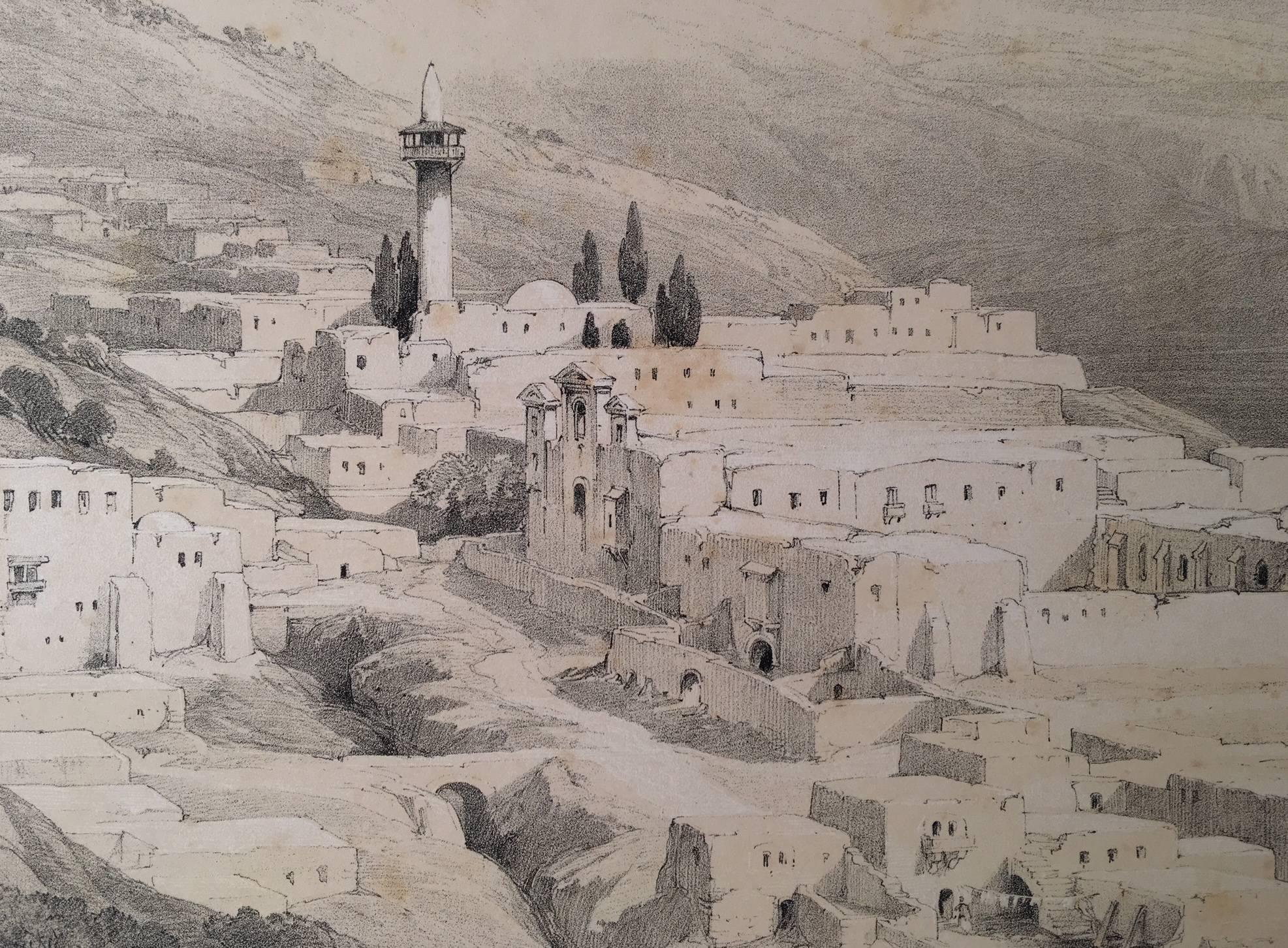 Original hand-colored lithograph by David Roberts (1796 – 1864) published by F.G. Moon, 1844. The Convent of the Terra Santa is one of several magnificent images produced by Roberts during his journey to the Middle East.
David Roberts, considered
