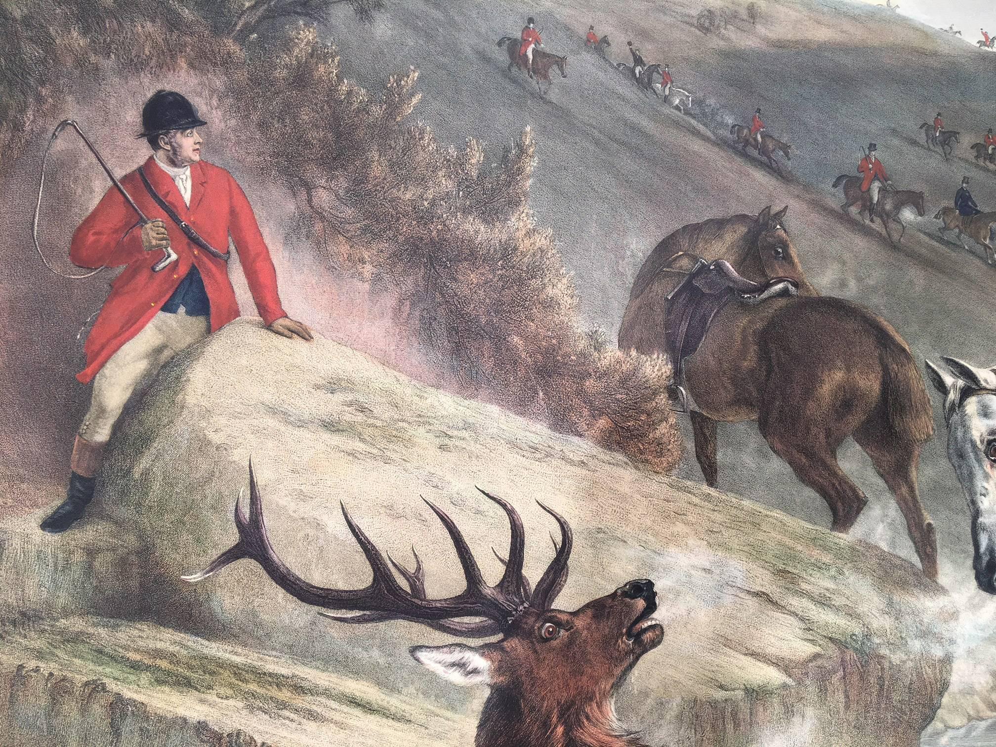 Hand-colored restrike engraving showing an Elk Hunt in Exmoor Forest, from an original engraving by Alfred Lucas (1841 – 1886) after Samuel John Carter's (1835 – 1892) oil painting. Published in London, 1888. 

Lucas was a line, mezzotint and