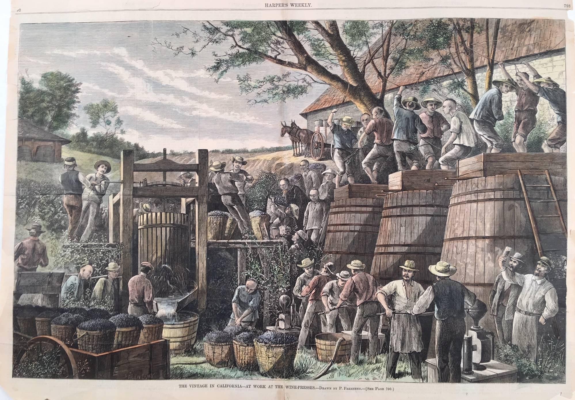 Paul Frenzeny Landscape Print - "The Vintage In California—At Work At The Wine-Presses"