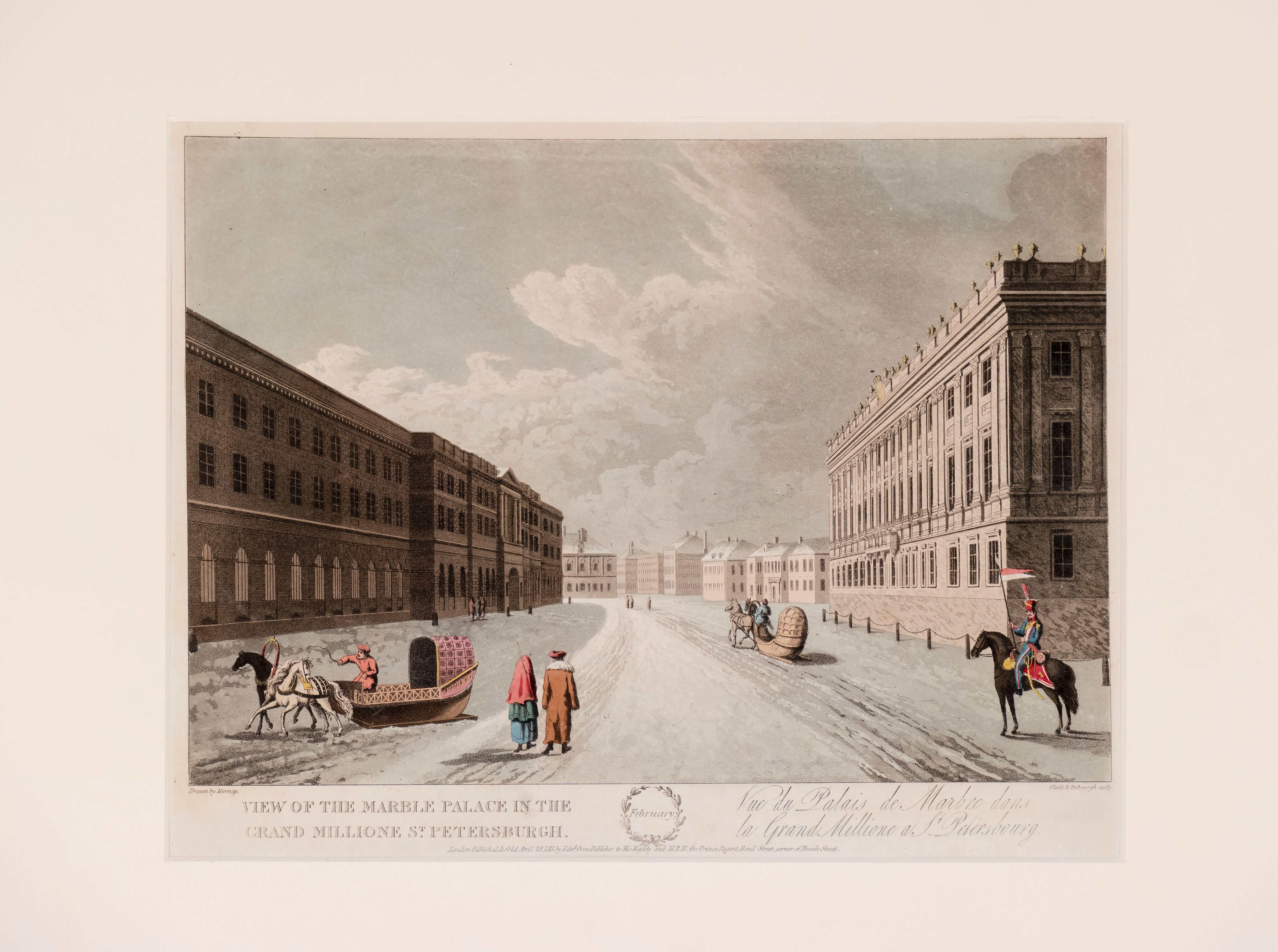 John H. Clark Landscape Print - February, View of the Marble Palace in the Grand Millione St. Petersburgh