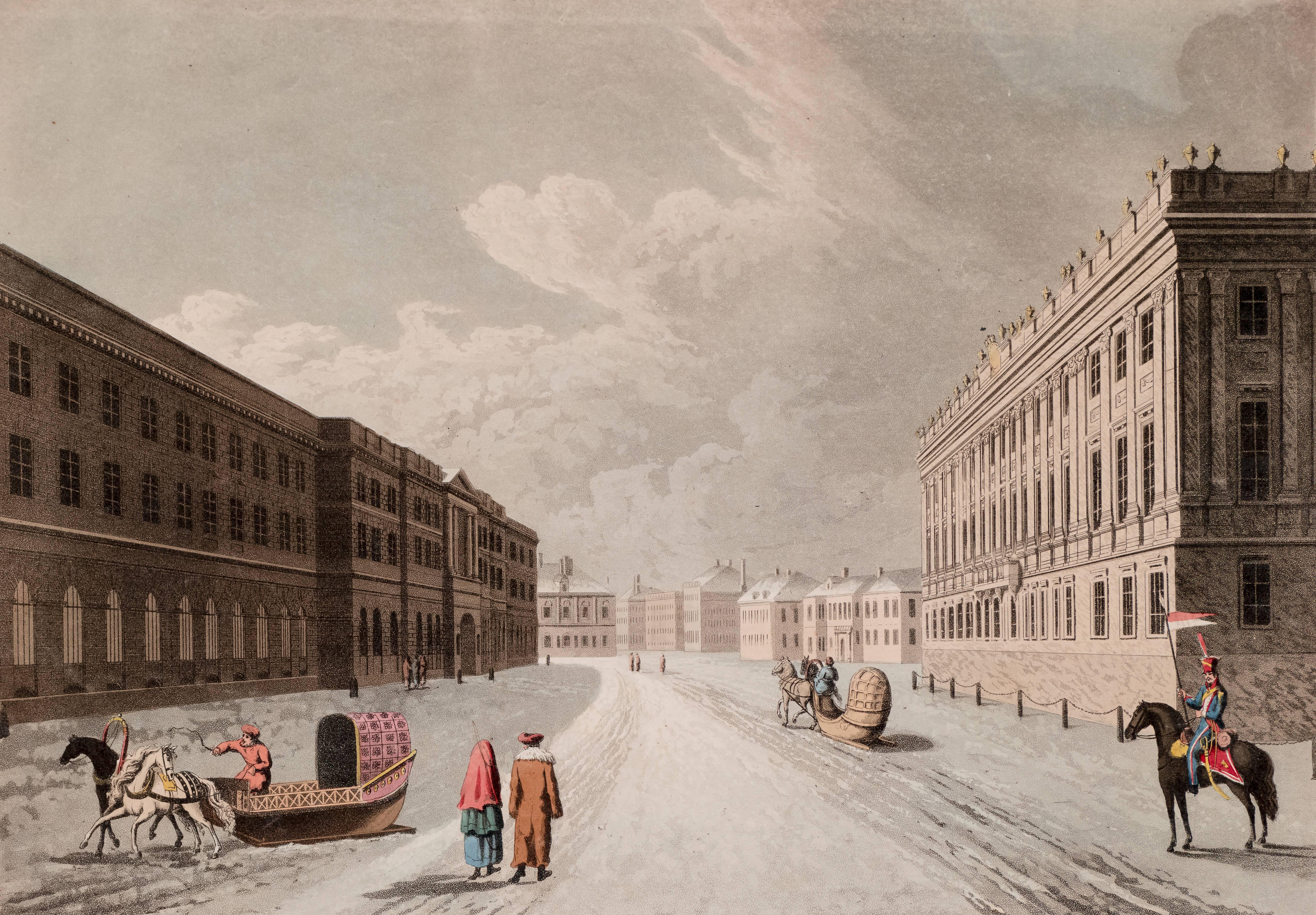 February, View of the Marble Palace in the Grand Millione St. Petersburgh - Print by John H. Clark