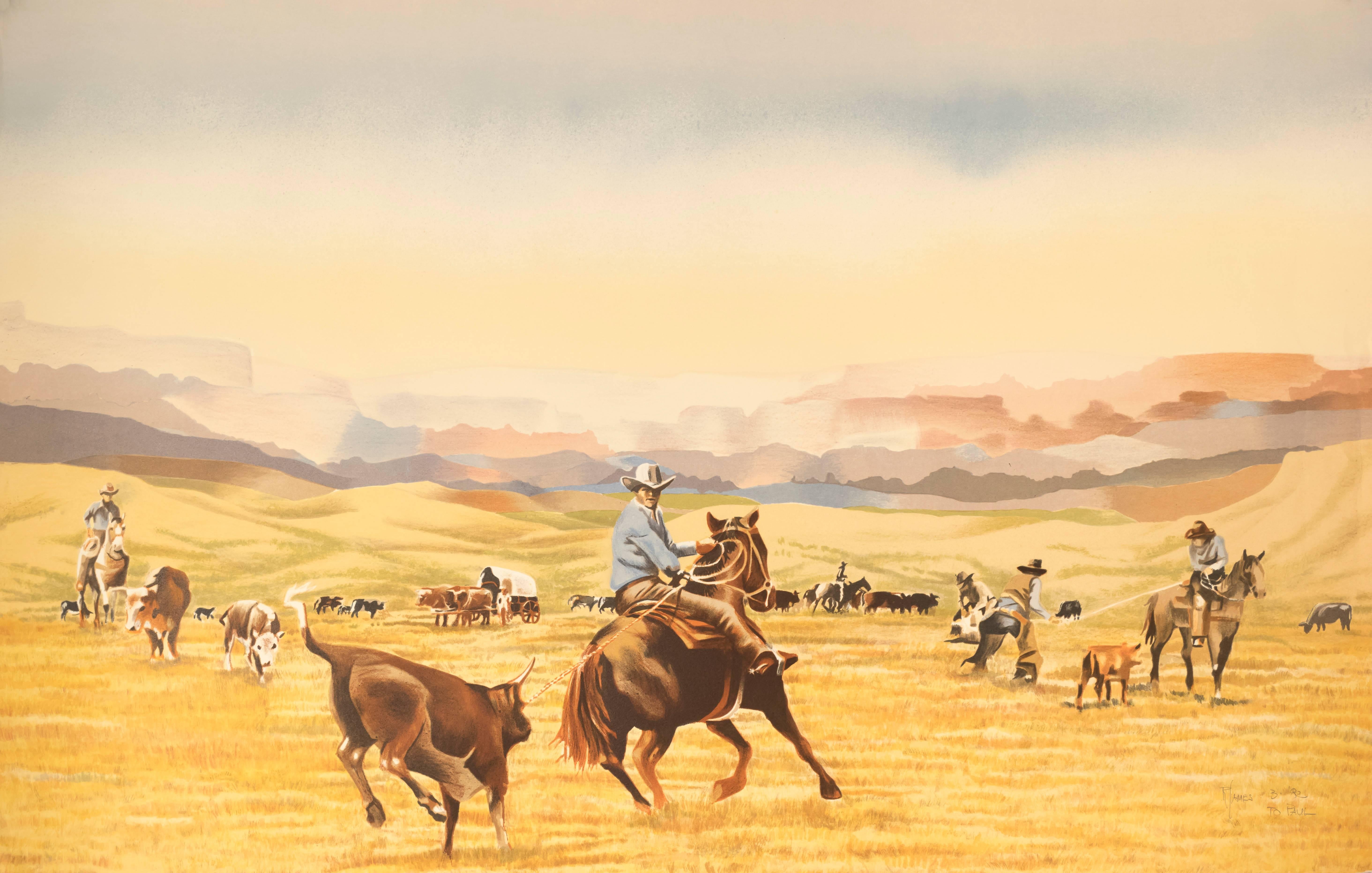 R. James Landscape Print – Cowboys Rinderschaufeln