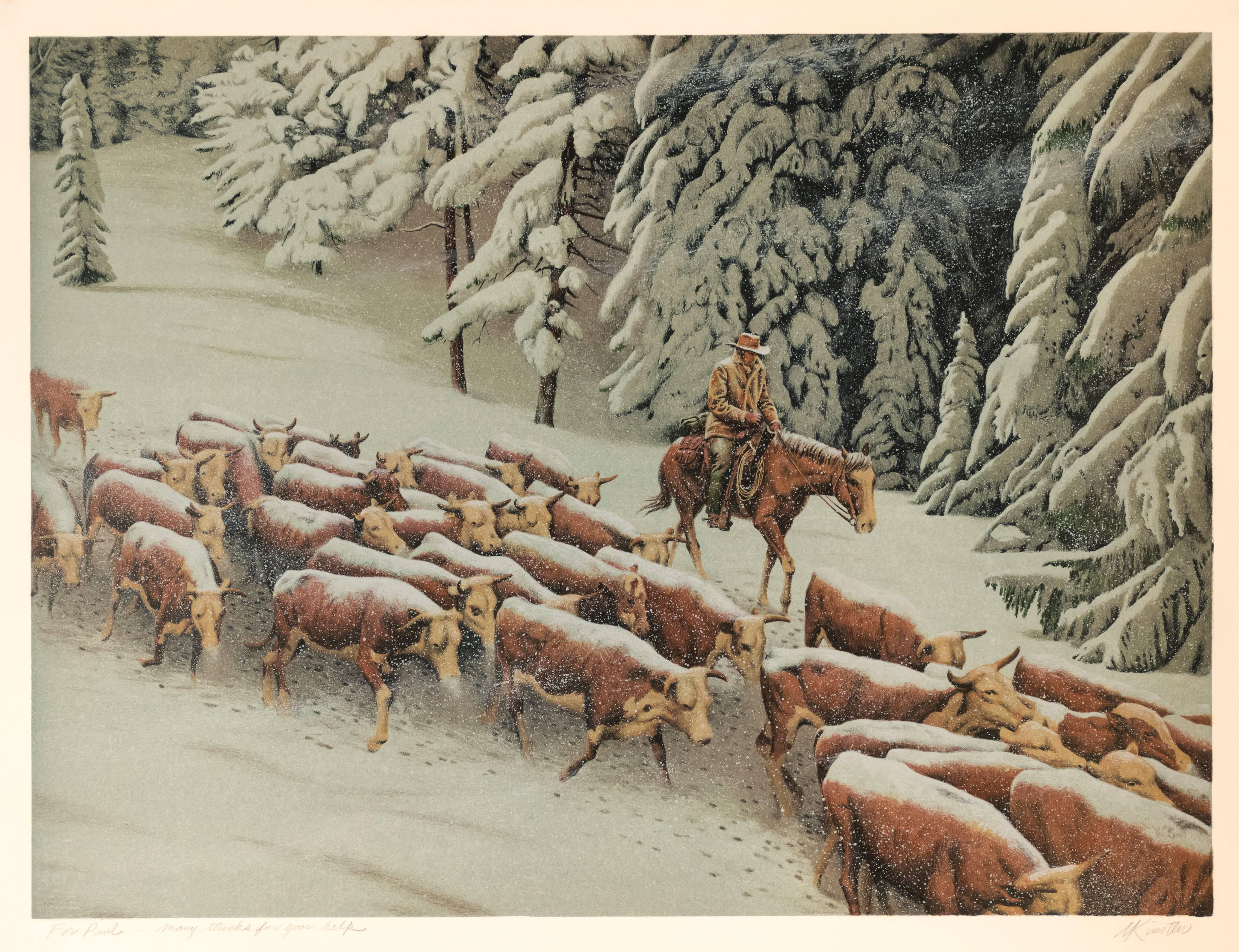 Mort Künstler Landscape Print - Cattle Drive in Winter