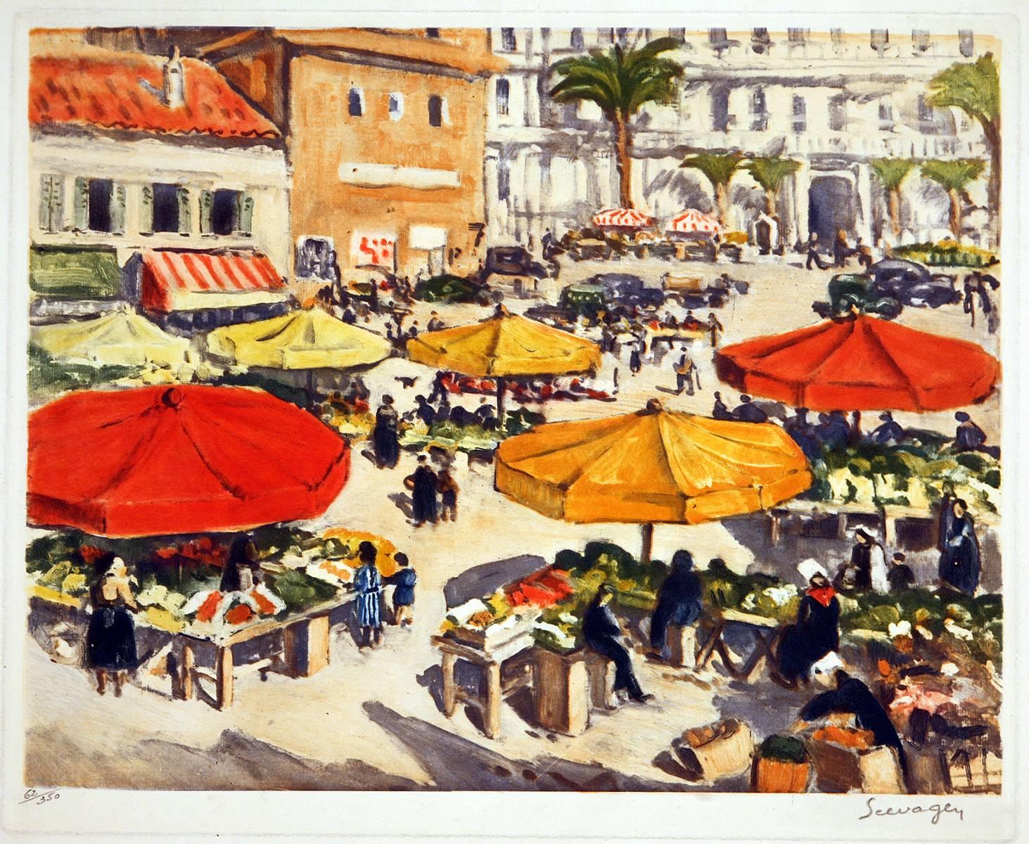 Lucien Seevagen Landscape Print - Outdoor Market in Nice, France