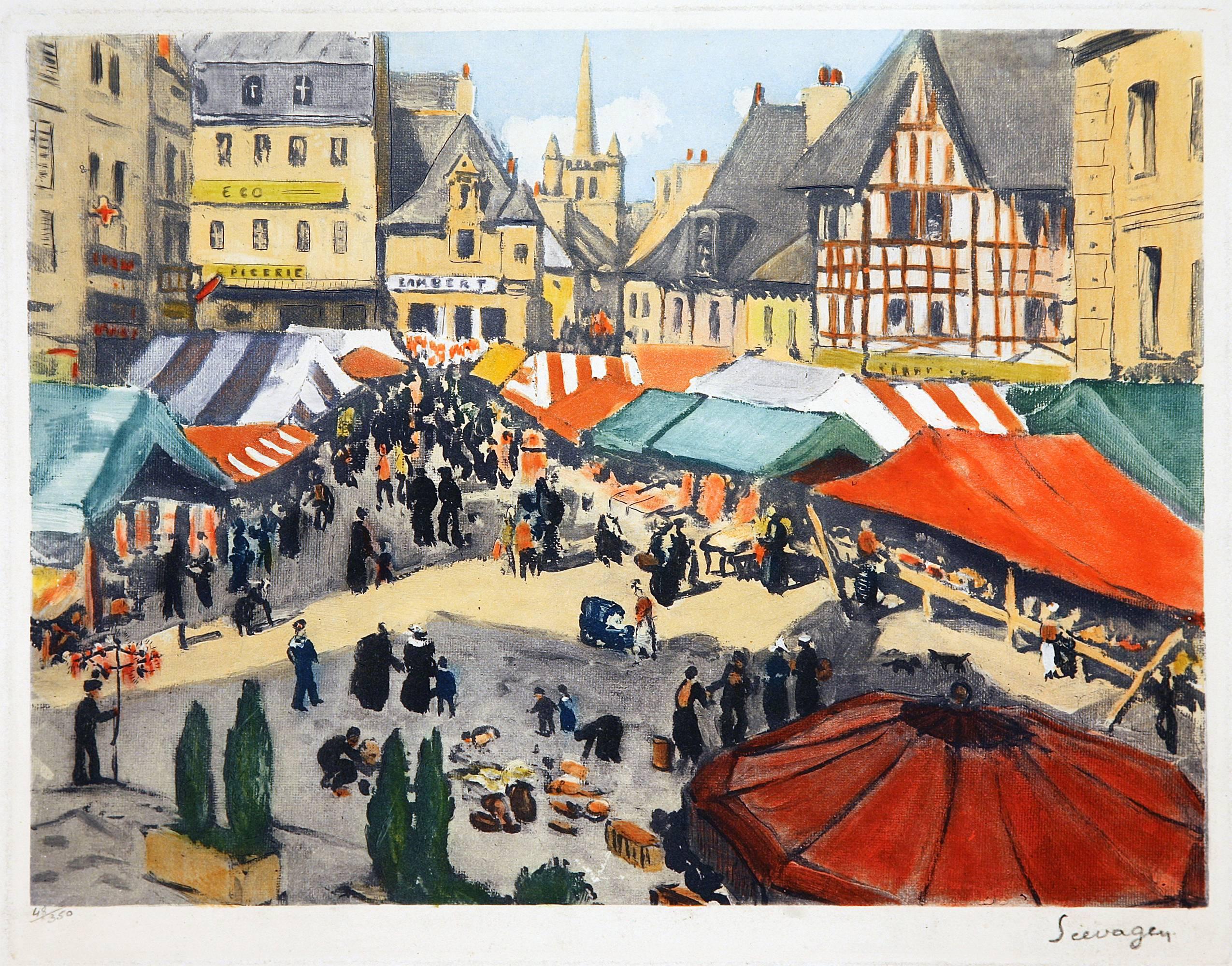 Lucien Seevagen Landscape Print - Outdoor Market in la Place du Martray à Paimpol, Côtes d'Armor, France