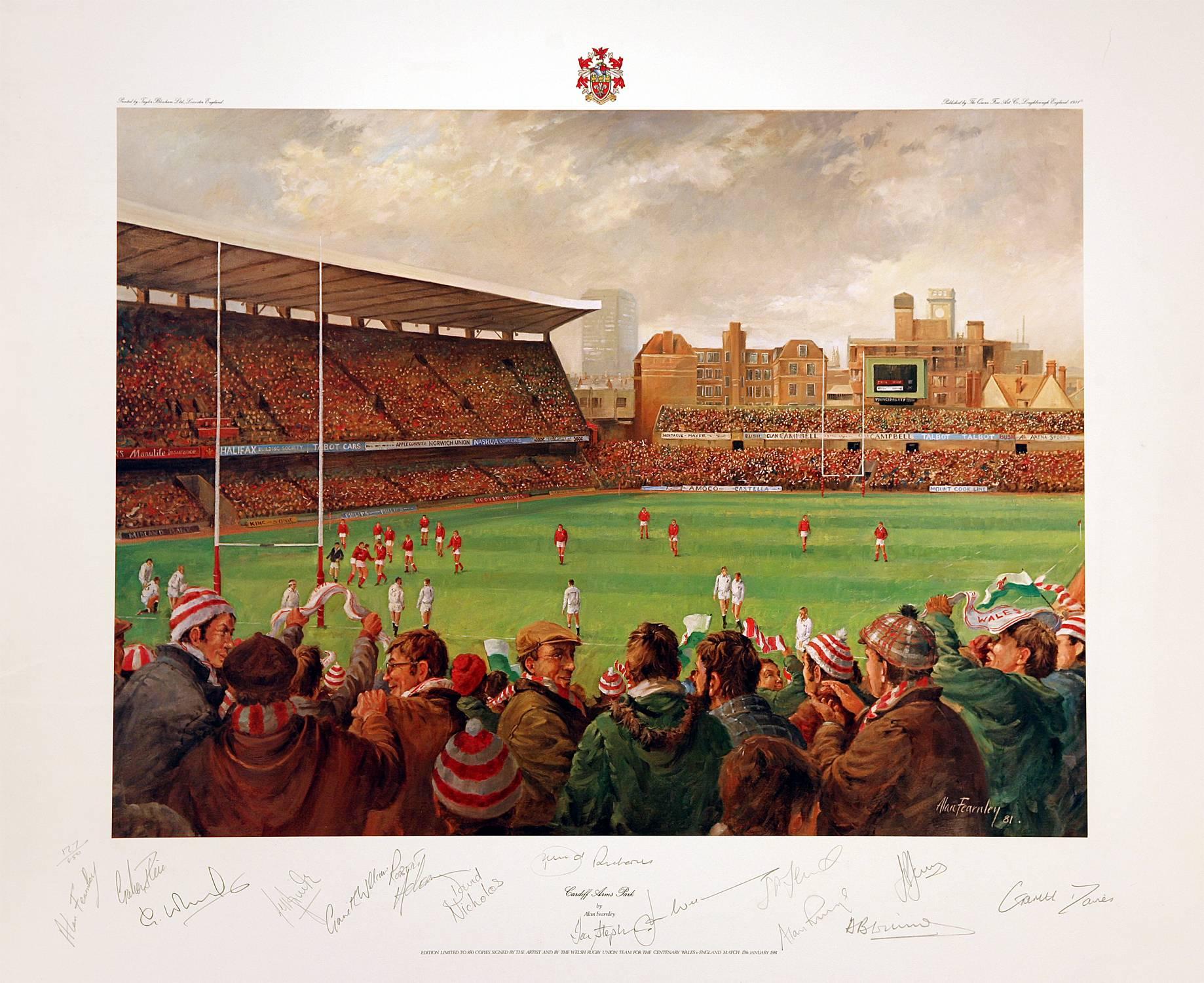 Alan Fearnley Figurative Print - Welsh Rugby Centenary Match at Cardiff Arms Park, Signed by Artist and Players 