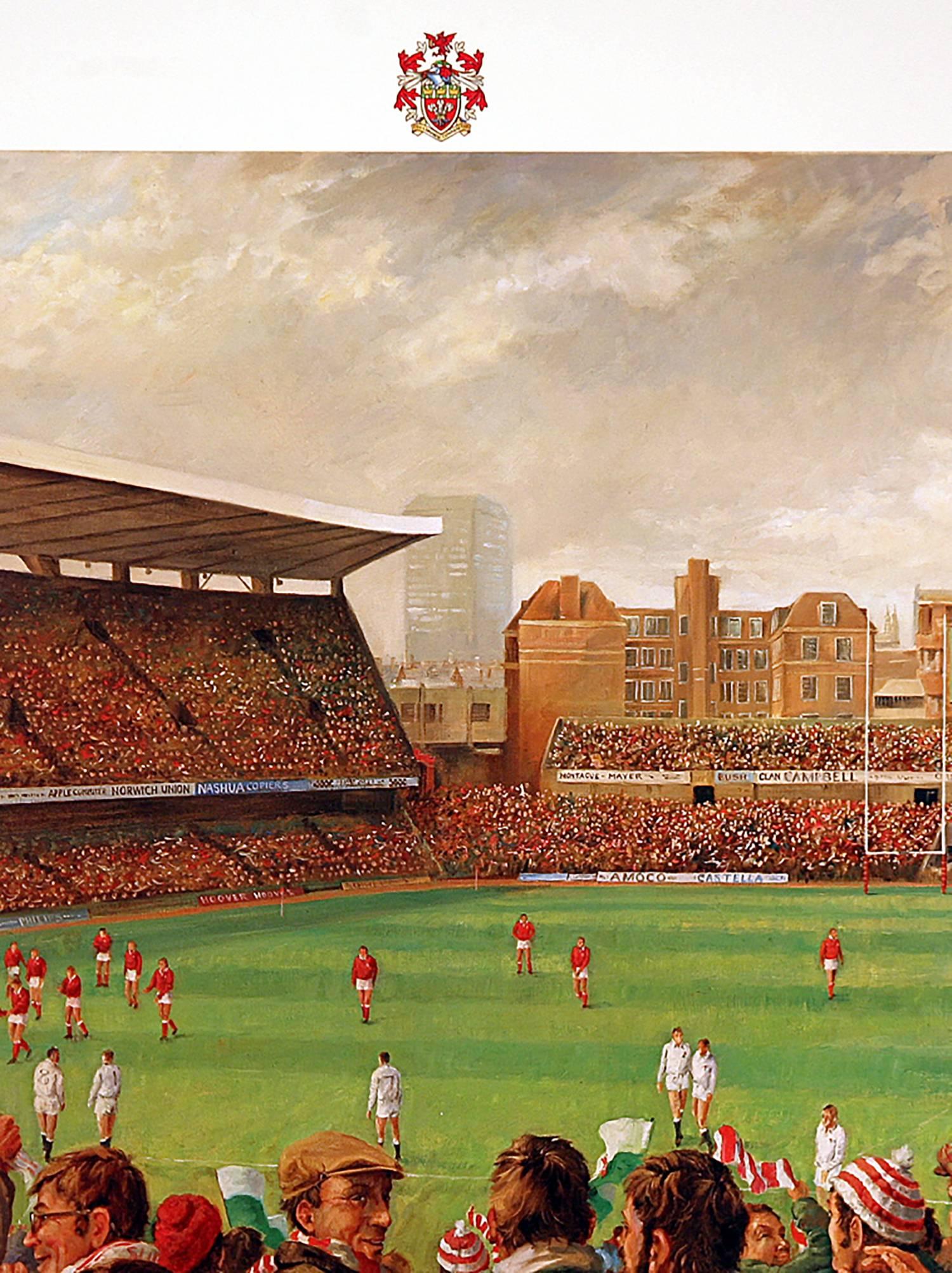 Welsh Rugby Centenary Match at Cardiff Arms Park, Signed by Artist and Players  - Print by Alan Fearnley