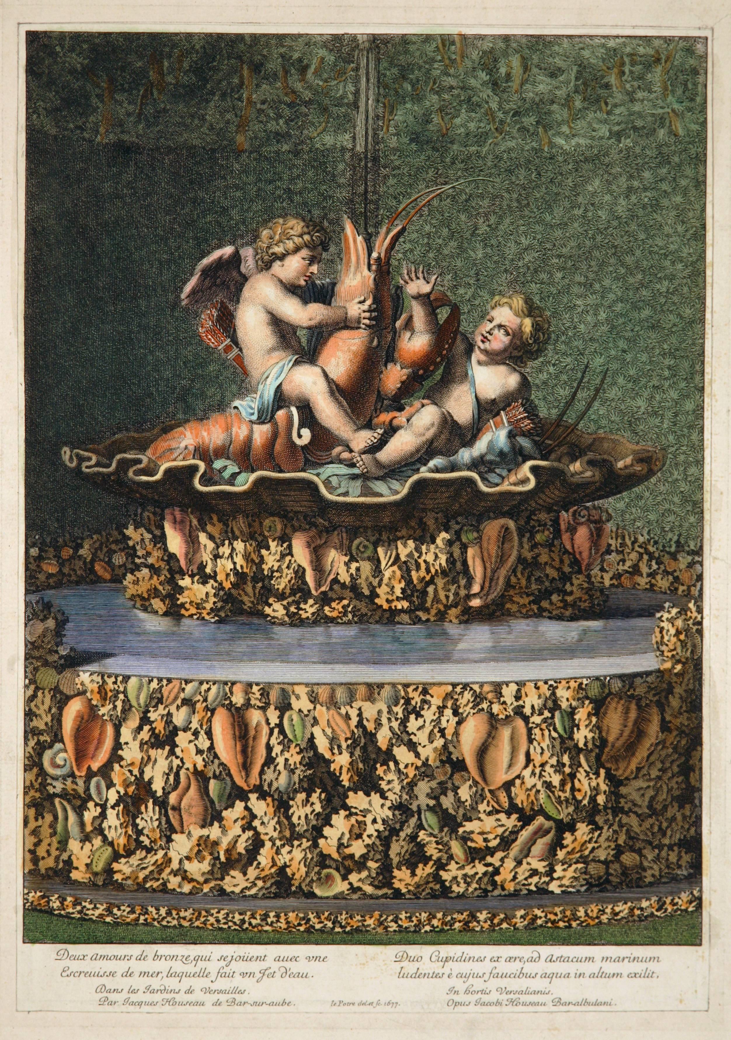 Jean Le Pautre Figurative Print - Versailles: Two Cupids at Play with a Lobster