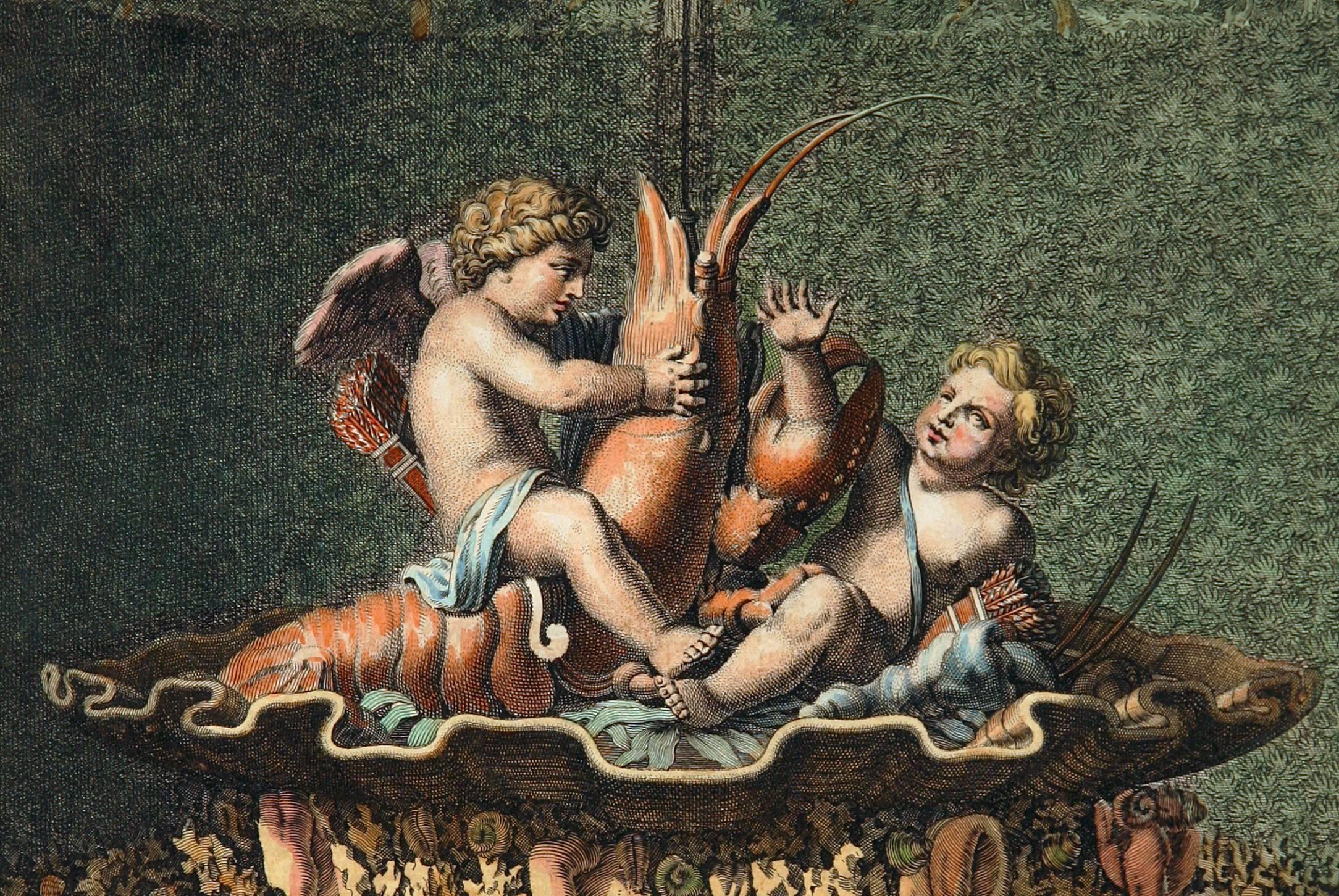 Versailles: Two Cupids at Play with a Lobster - Print by Jean Le Pautre