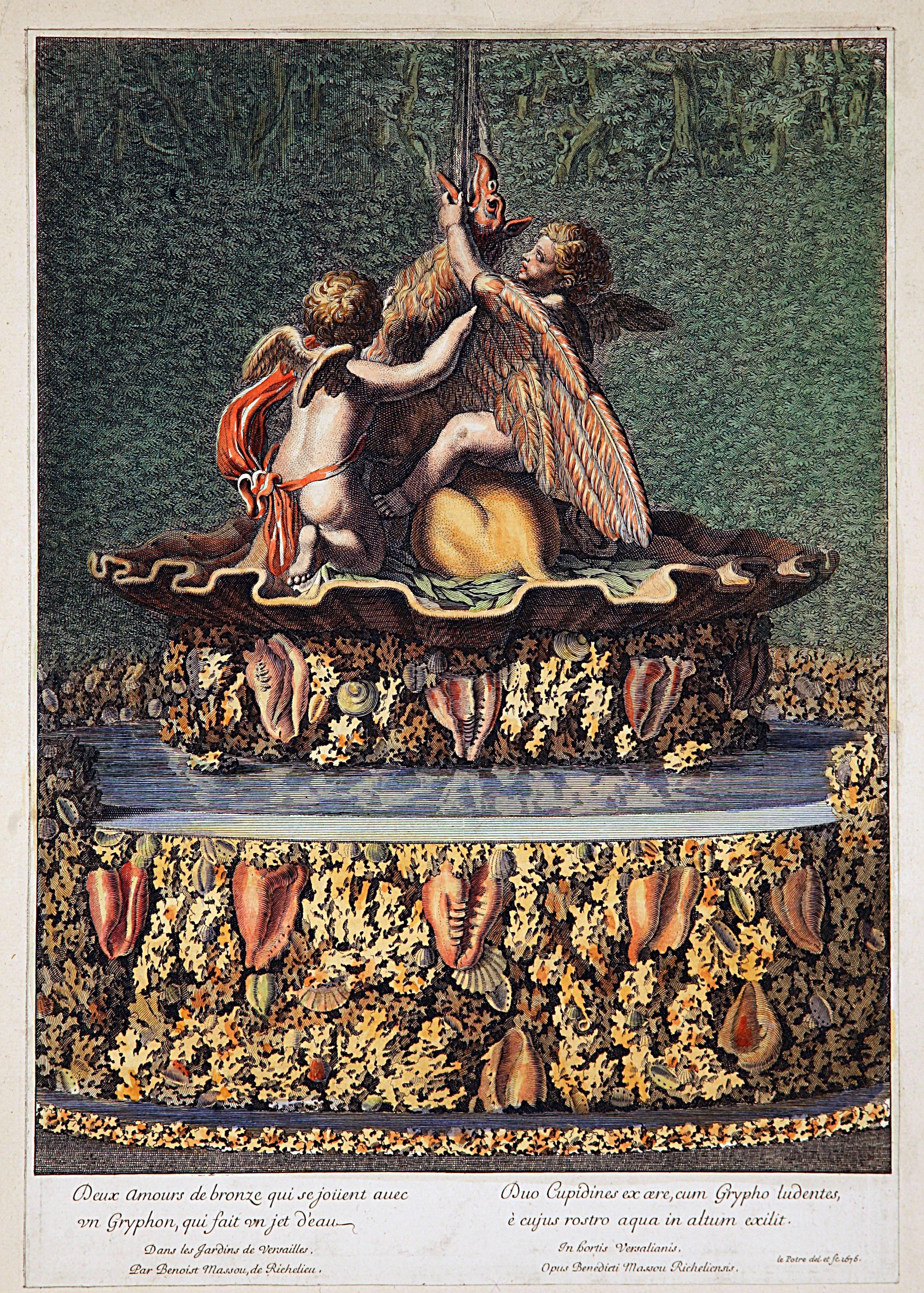 Jean Le Pautre Figurative Print – Versailles: Zwei verführerische Jungfrauen beim Spielen mit einem Griff
