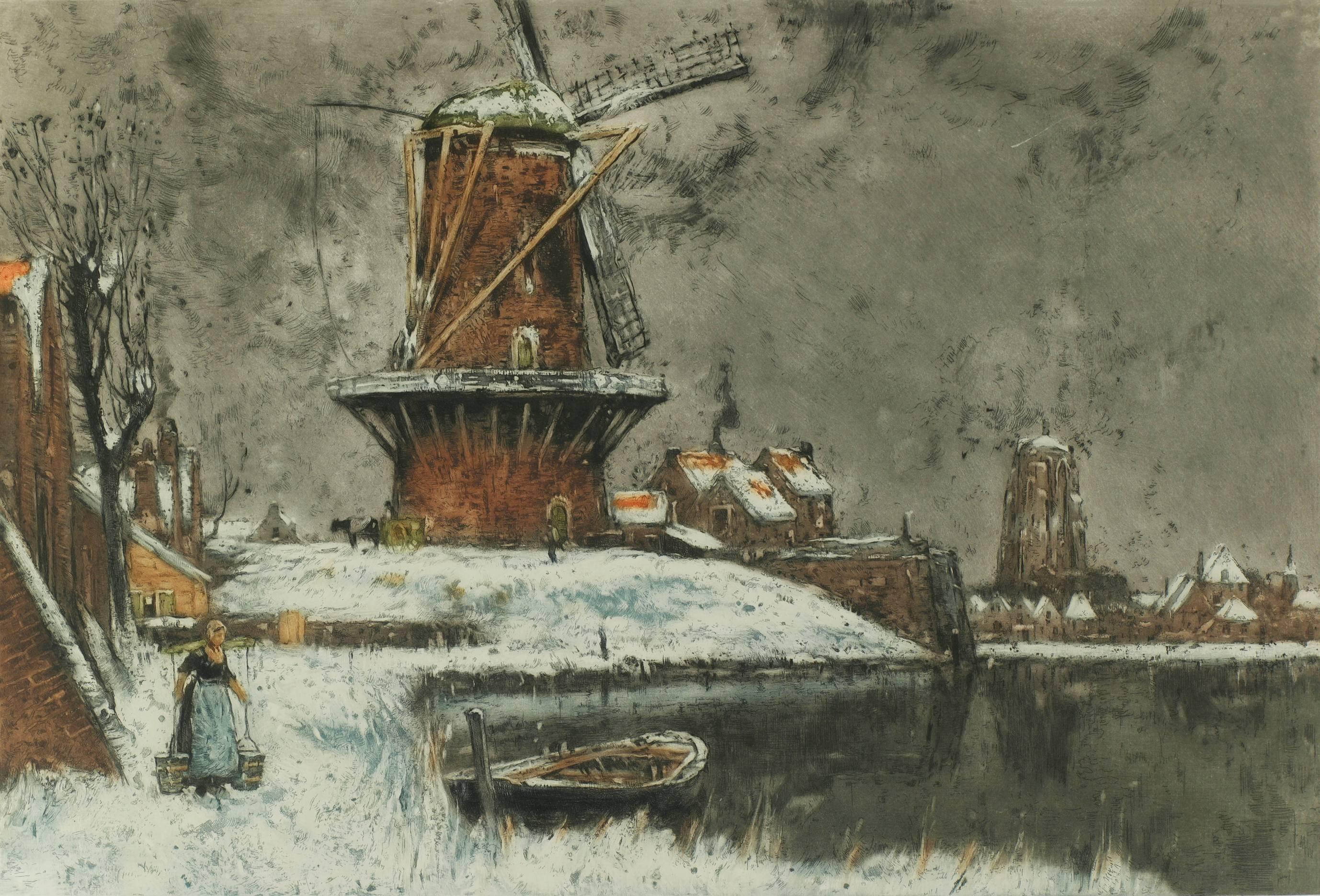 Windmill in Winter - Print by Jeanley Charlet