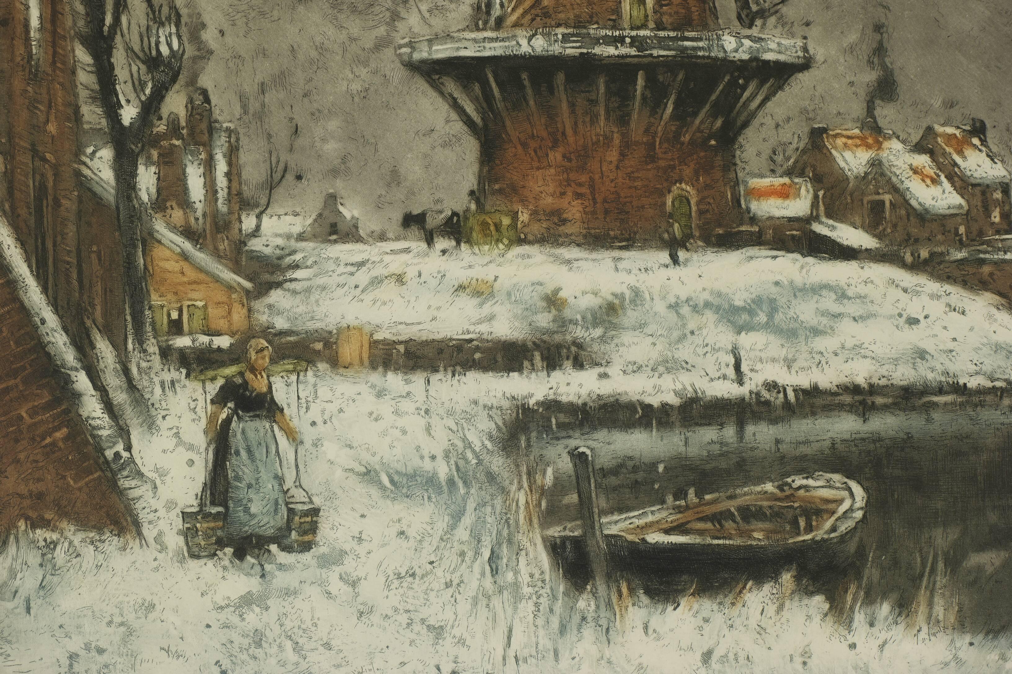 Windmill in Winter - Realist Print by Jeanley Charlet