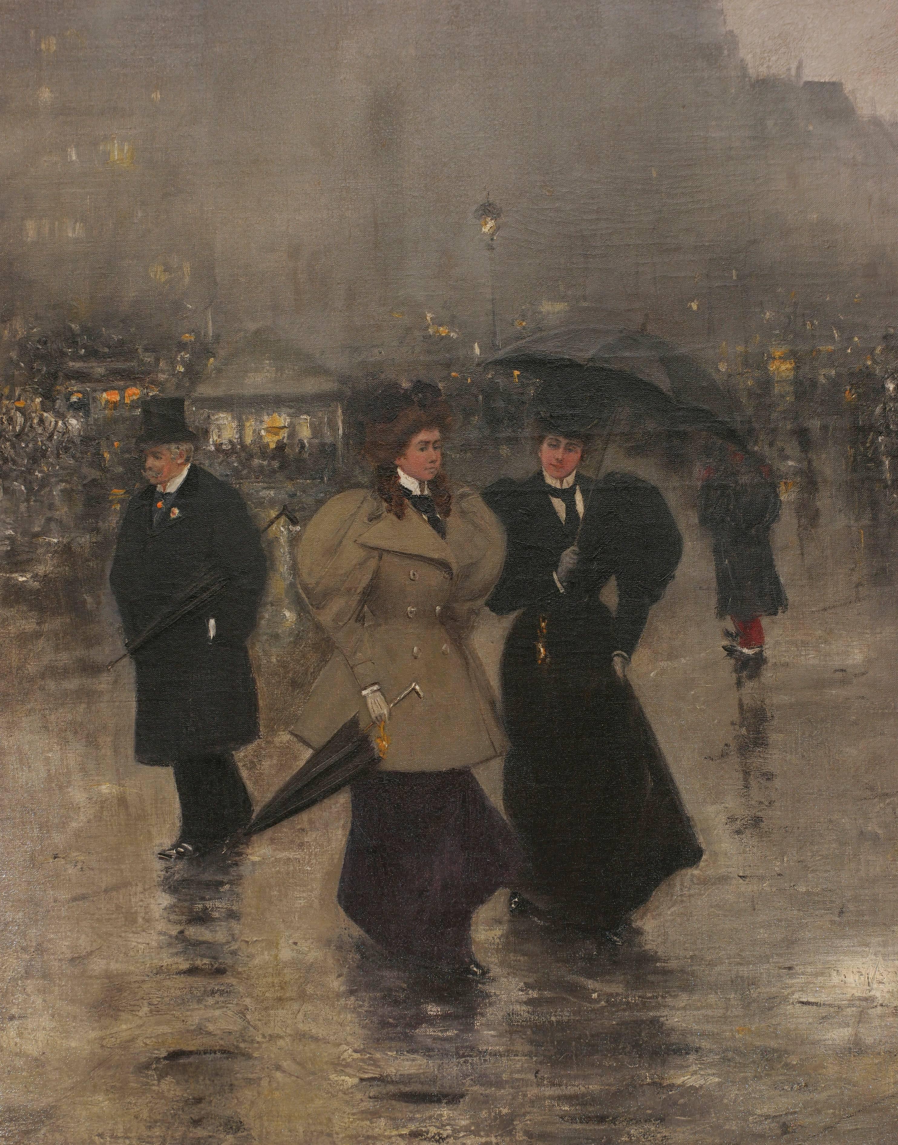 Pluie du soir à Paris - Réalisme Painting par Felix Janse