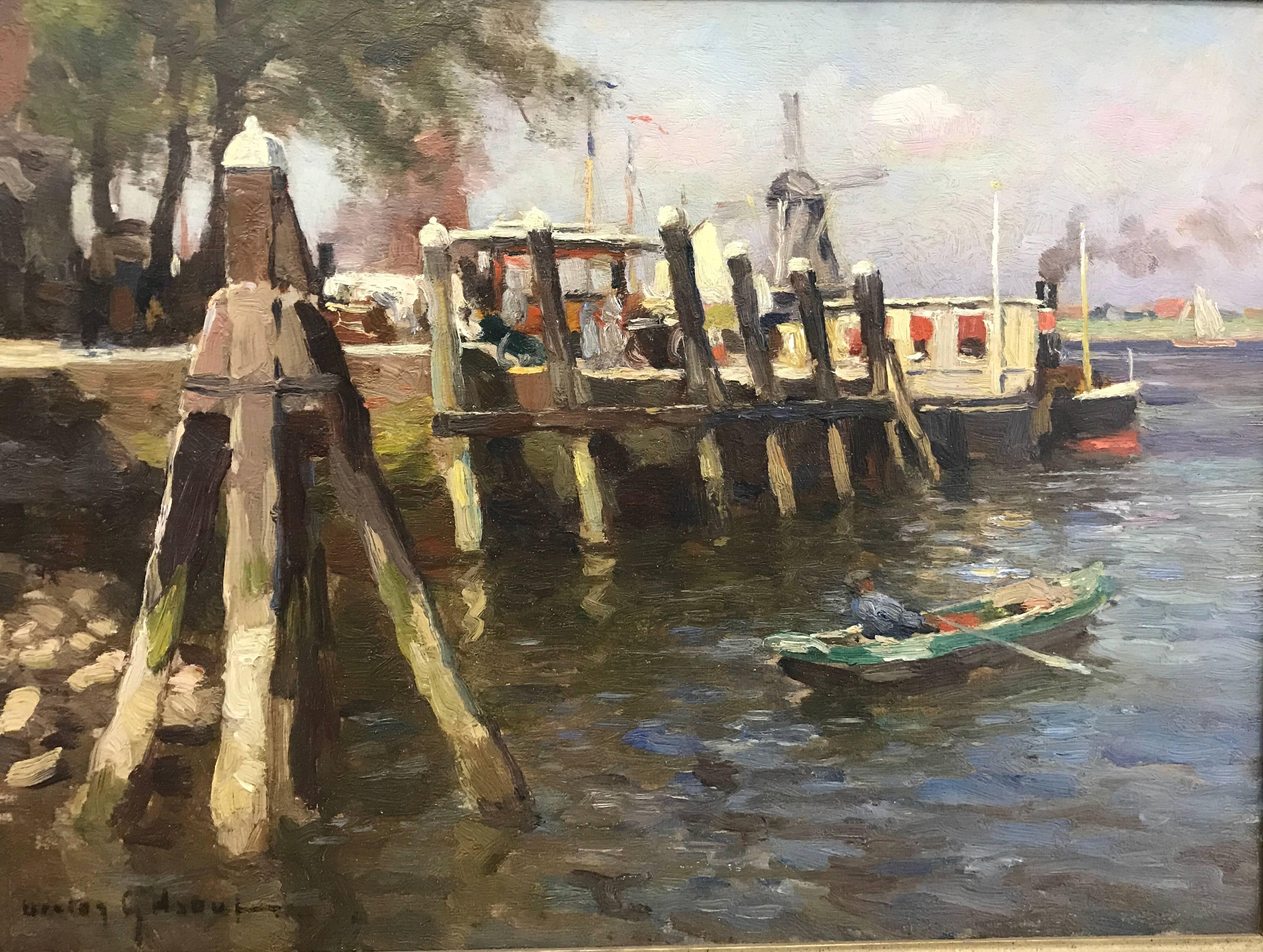 Victor Gilsoul Landscape Painting - "Débarcadère sur la Meuse à Dordrecht"