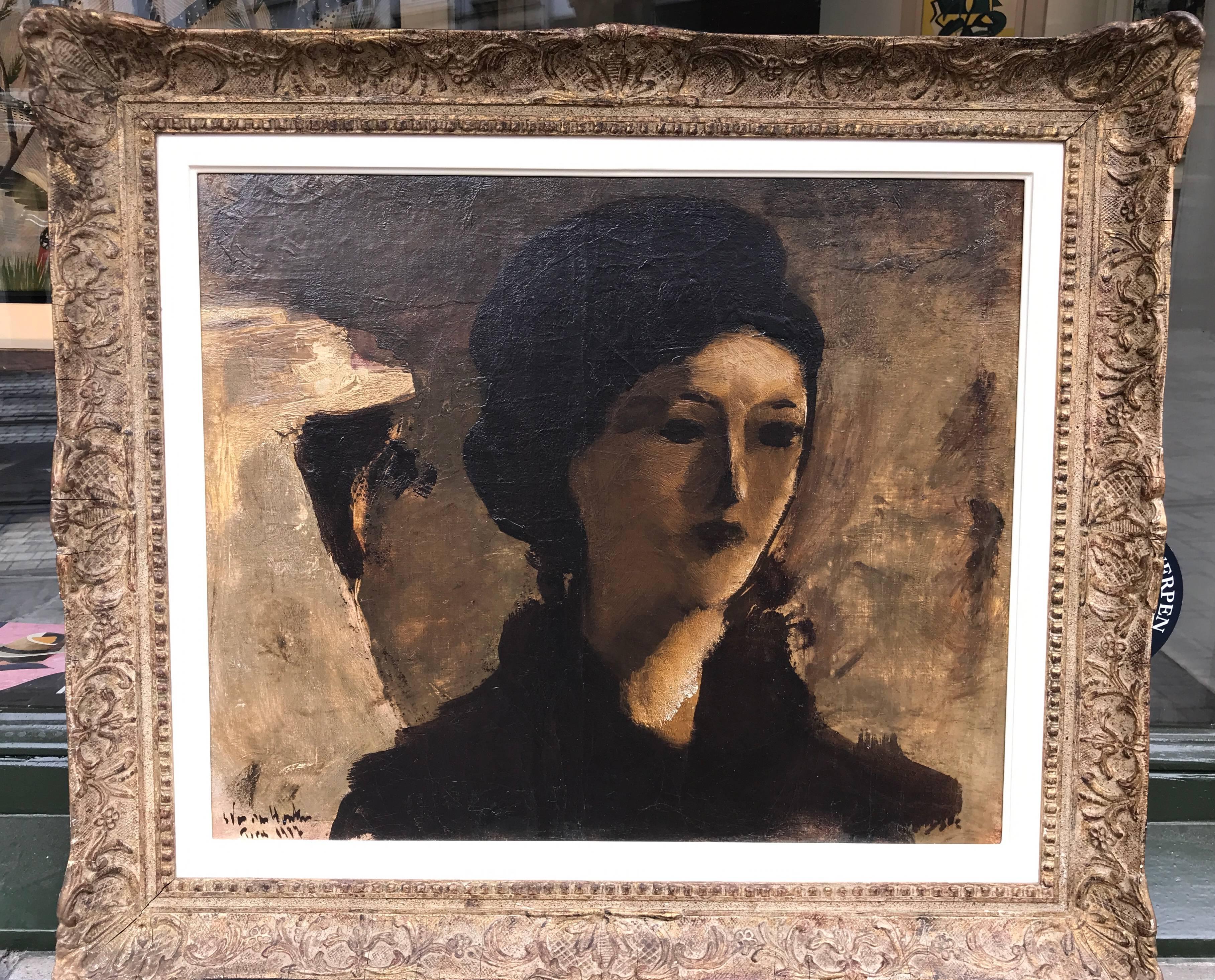 Léon Van Den Houten Figurative Painting - Portrait of a lady in Paris, 1917
