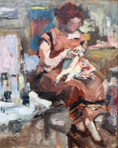 Antique "Interior with young woman knitting"