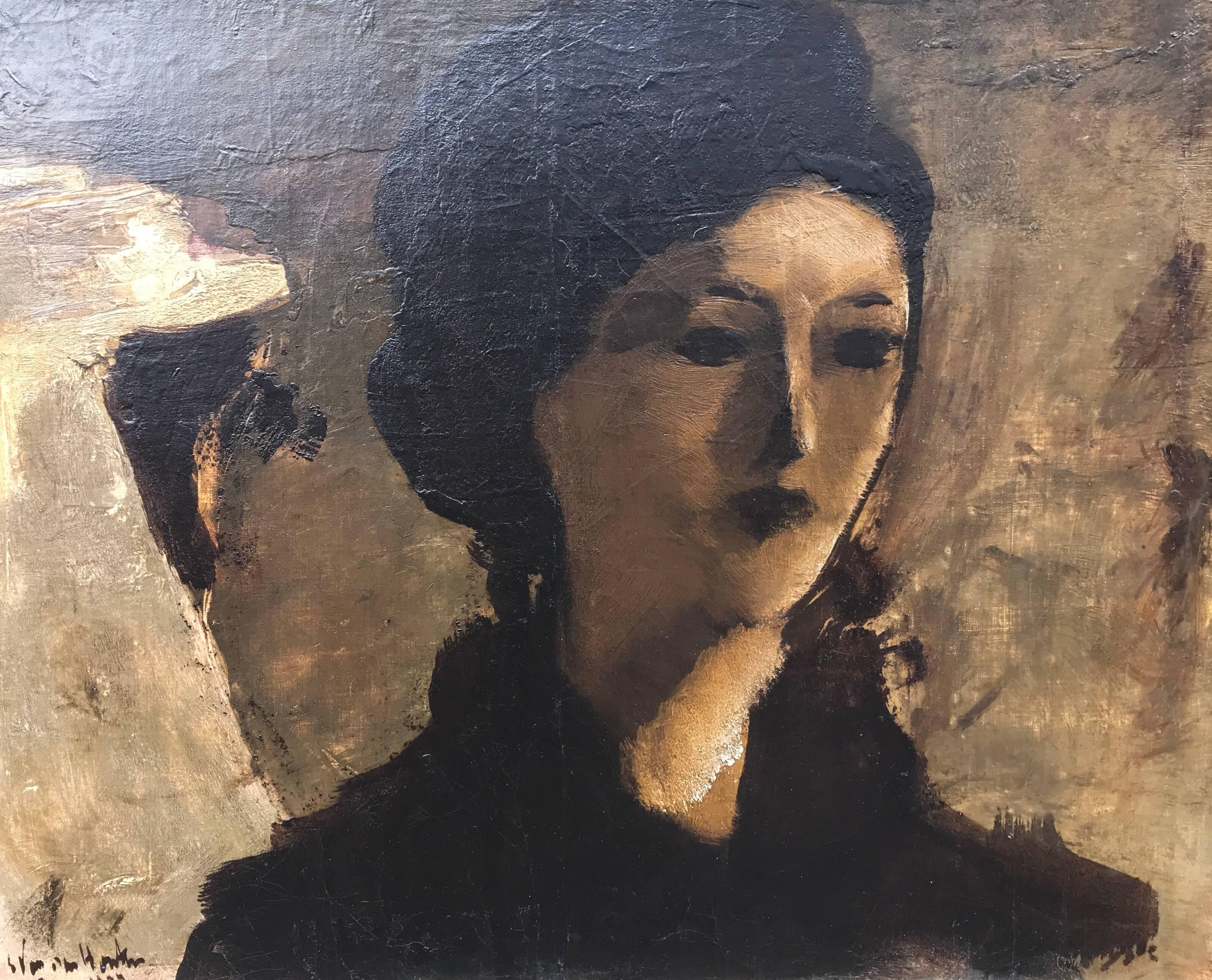 Portrait of a lady in Paris, 1917 - Painting by Léon Van Den Houten