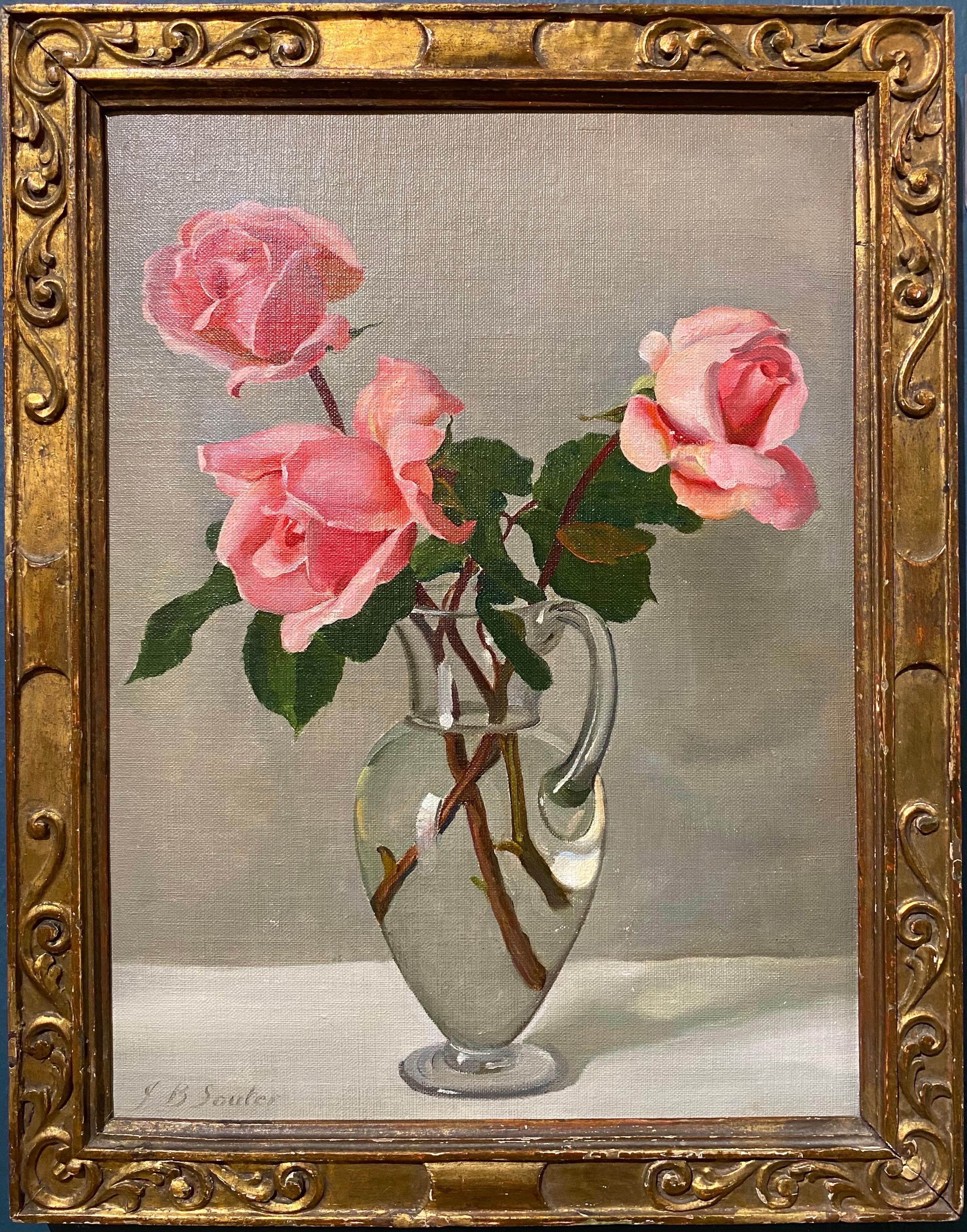 John Bulloch Souter Still-Life Painting – Stillleben mit rosa Rosen, Souter, Ölgemälde des 20. Jahrhunderts