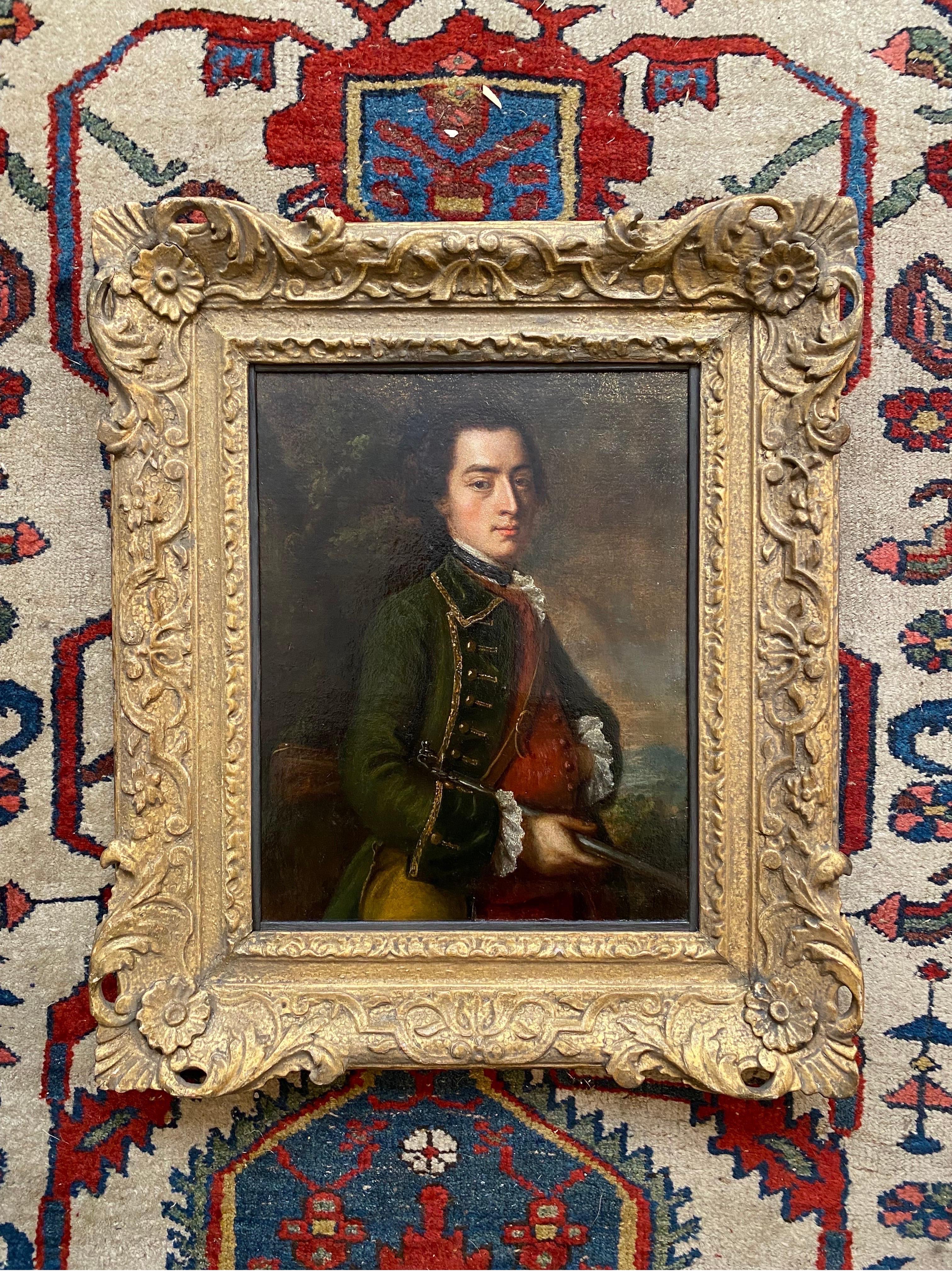 Portrait of a Man with a Rifle - Painting by English school 18th century