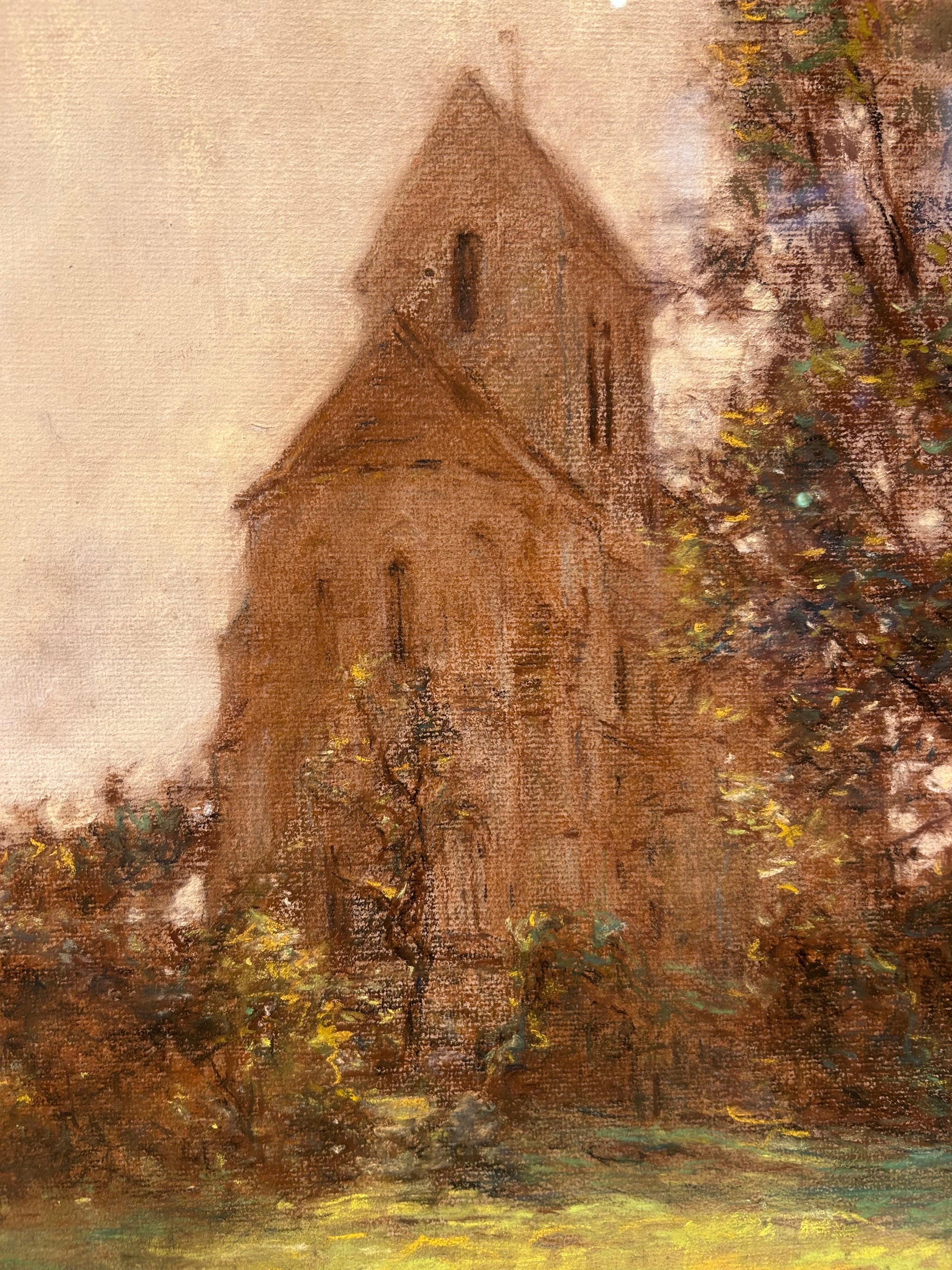 L'eglise de Mézy-Moulins, Paesaggio francese a pastello del XIX secolo, firmato e datato 1921 in vendita 2