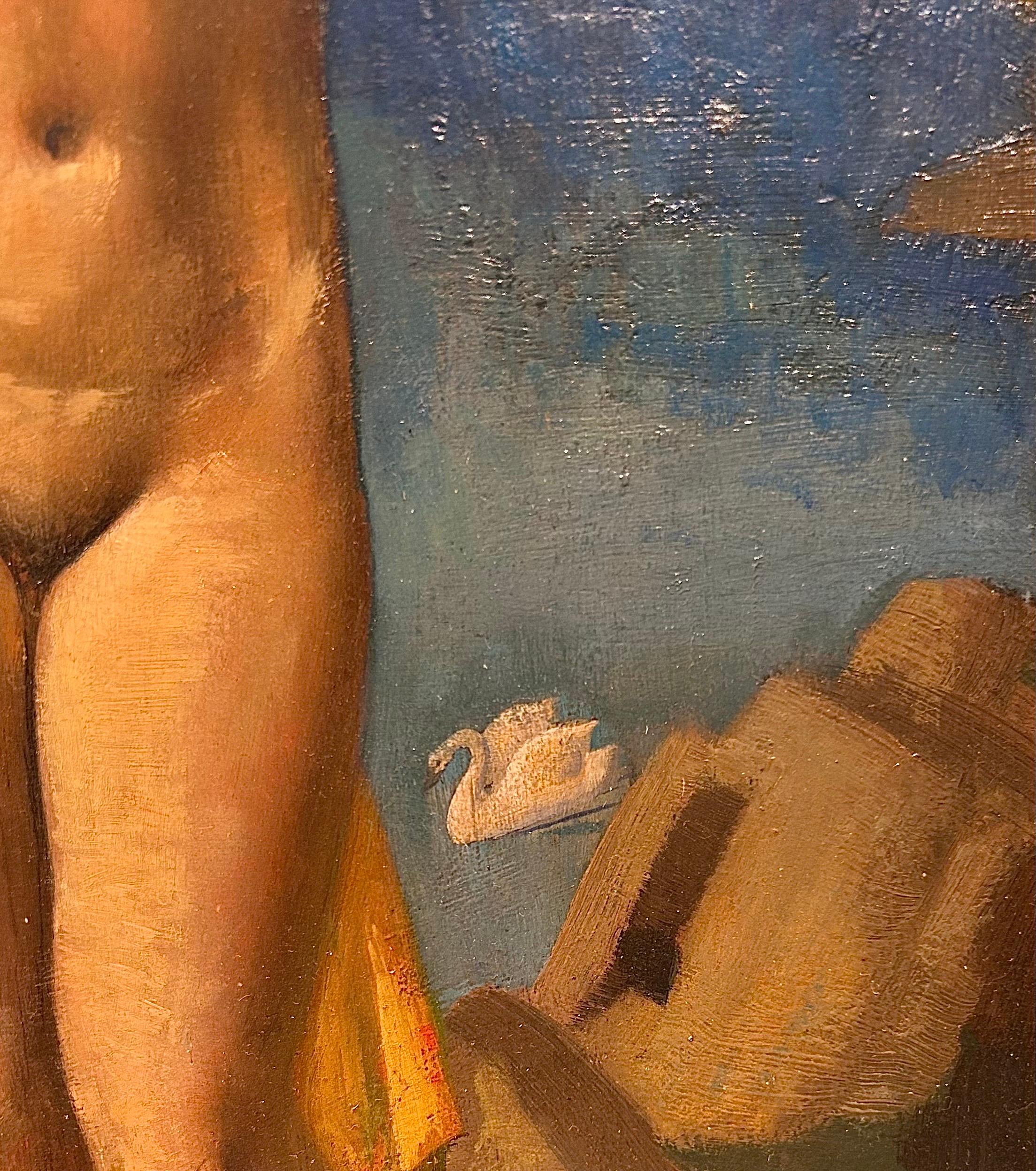 Leda und der Schwan, signiertes Ölgemälde, Art déco, 20. Jahrhundert im Angebot 1