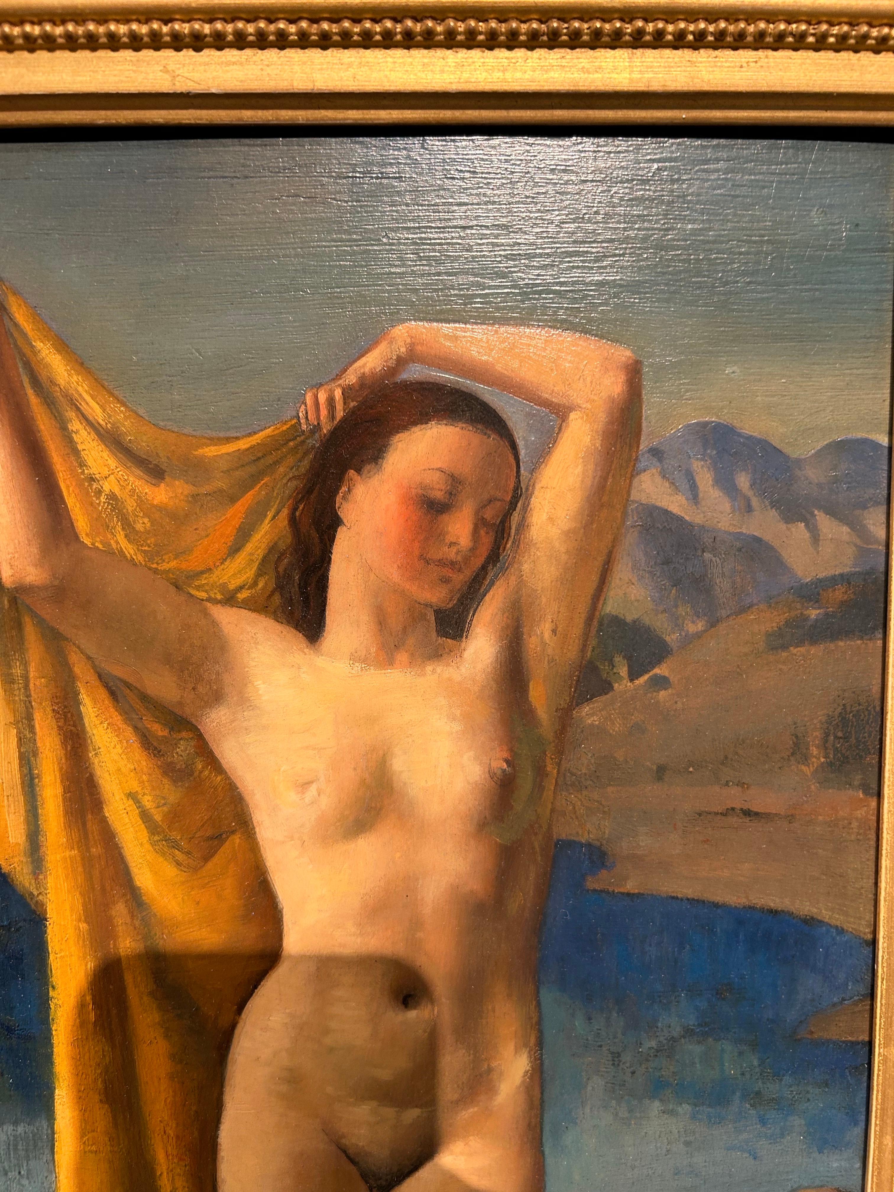 Leda und der Schwan, signiertes Ölgemälde, Art déco, 20. Jahrhundert im Angebot 3