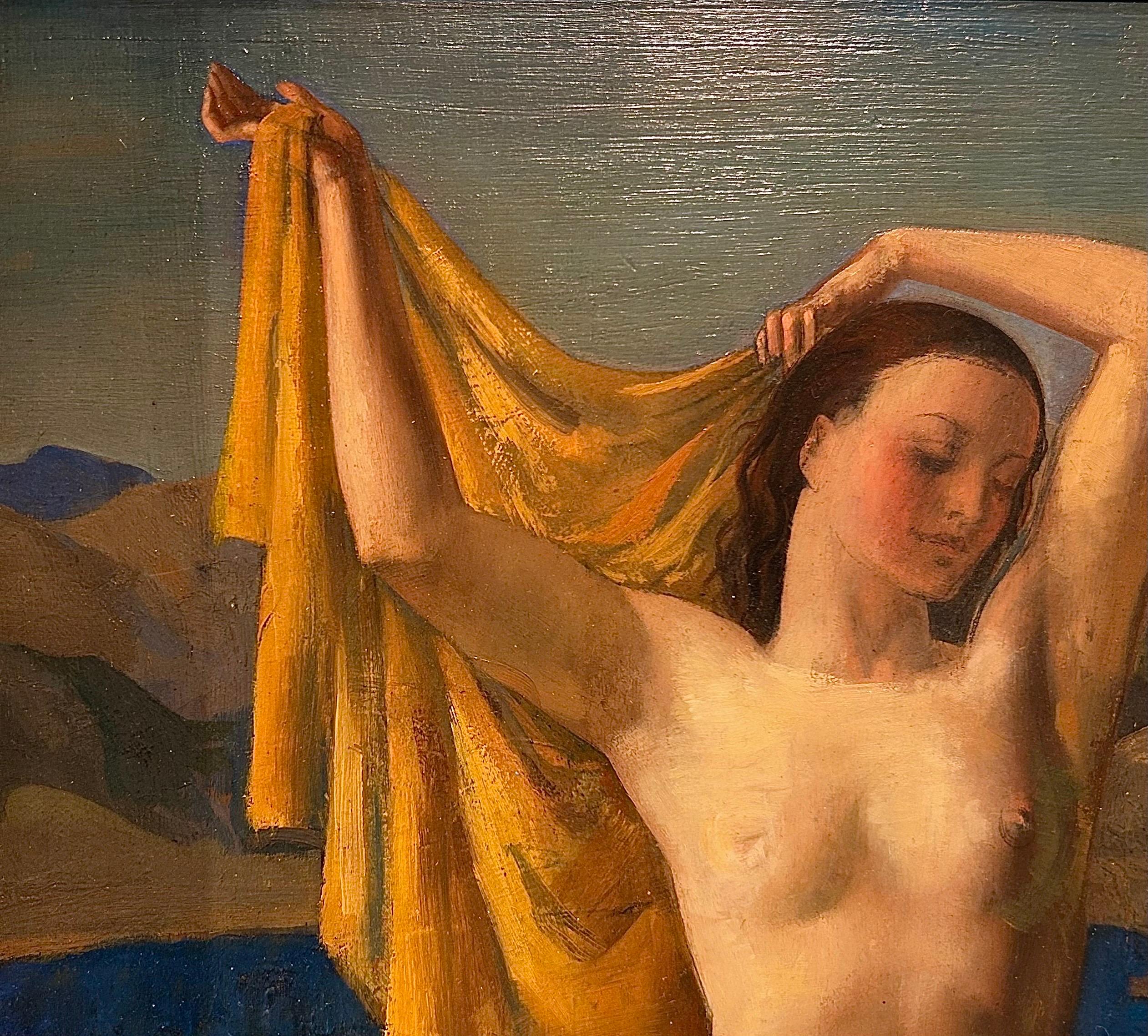 Leda und der Schwan, signiertes Ölgemälde, Art déco, 20. Jahrhundert im Angebot 4