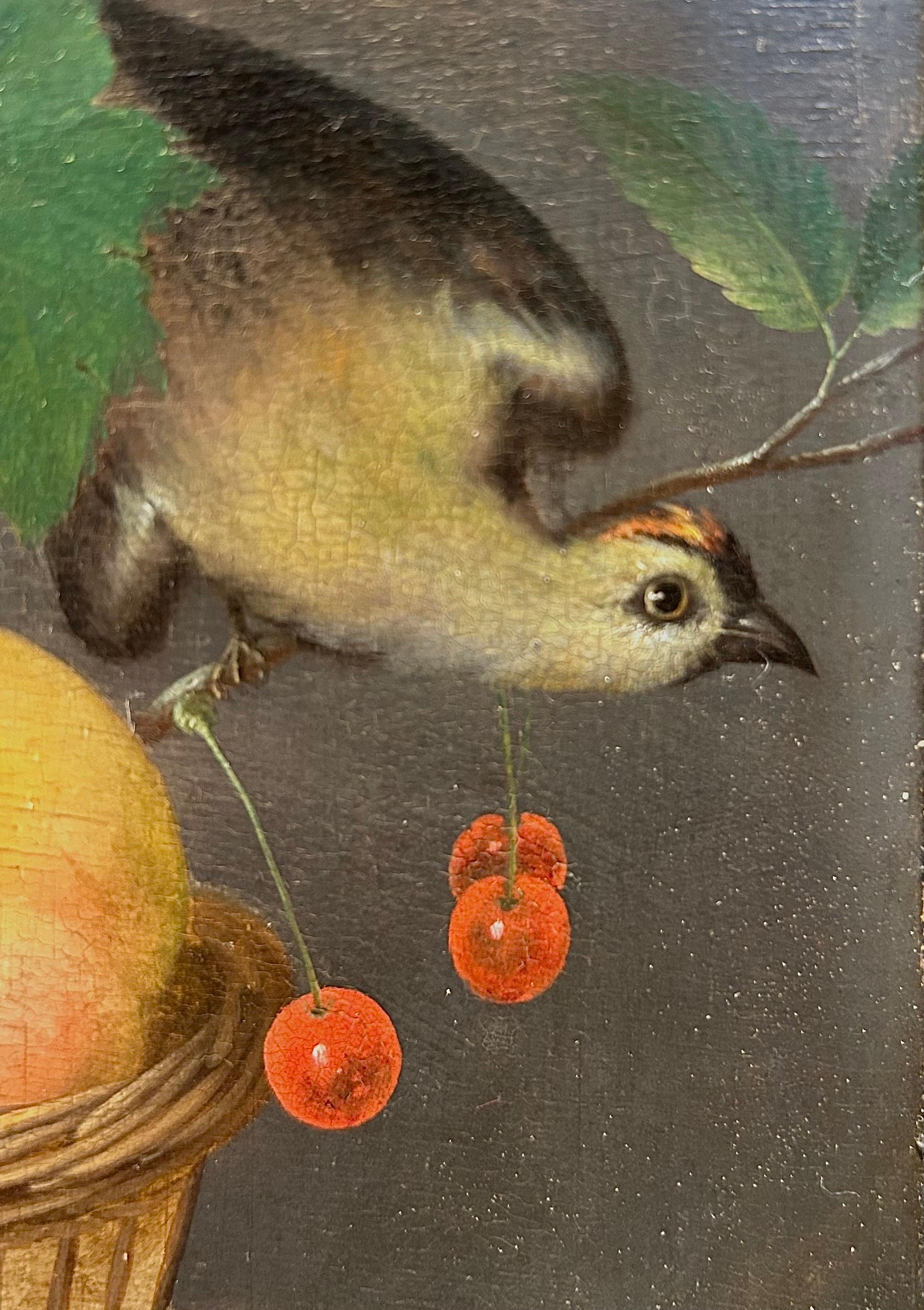 Stillleben mit Obst in einem Korb aus Korbweide mit Vogel (Alte Meister), Painting, von Gaspar Peeter Verbruggen the Elder